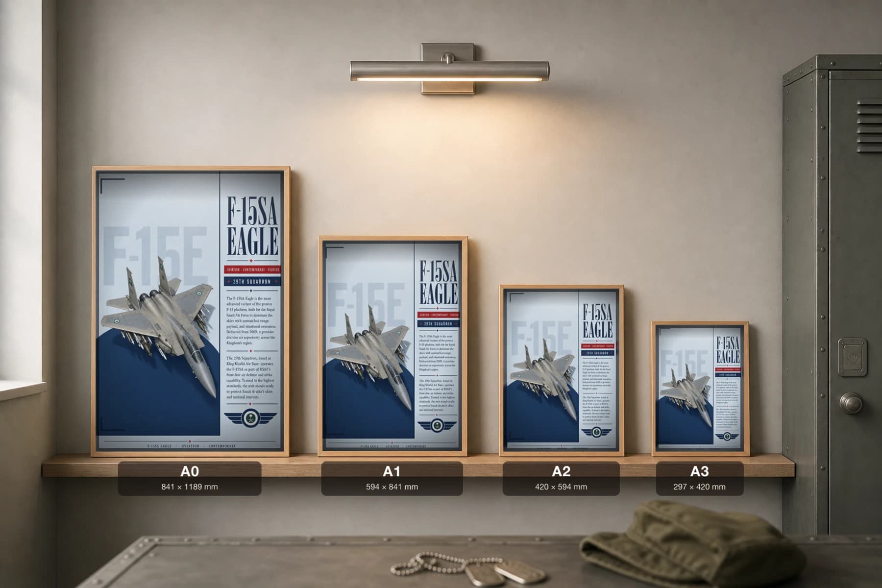F-15SA Eagle Poster — 29th Squadron military aviation wall art · framed A2 · 2015–2020 — print size guide showing the artwork at A0, A1, A2 and A3 in natural-oak frames at true relative scale