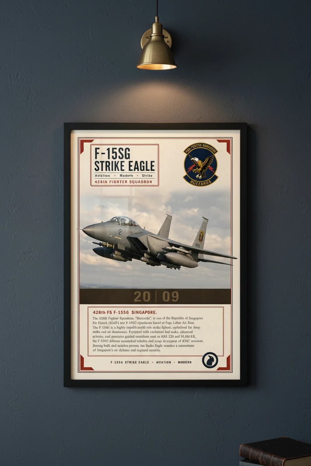 F-15SG Strike Eagle aviation poster in black A2 frame on dark-tactical-grey navy hangar wall — Aviation Heroes mockup