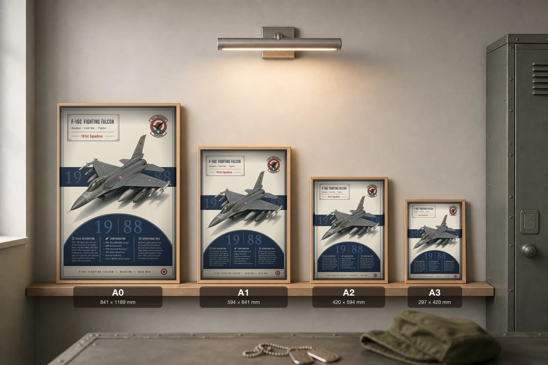 F-16C Fighting Falcon Poster — 161st Squadron military aviation wall art · framed A2 · 1988 — print size guide showing the artwork at A0, A1, A2 and A3 in natural-oak frames at true relative scale