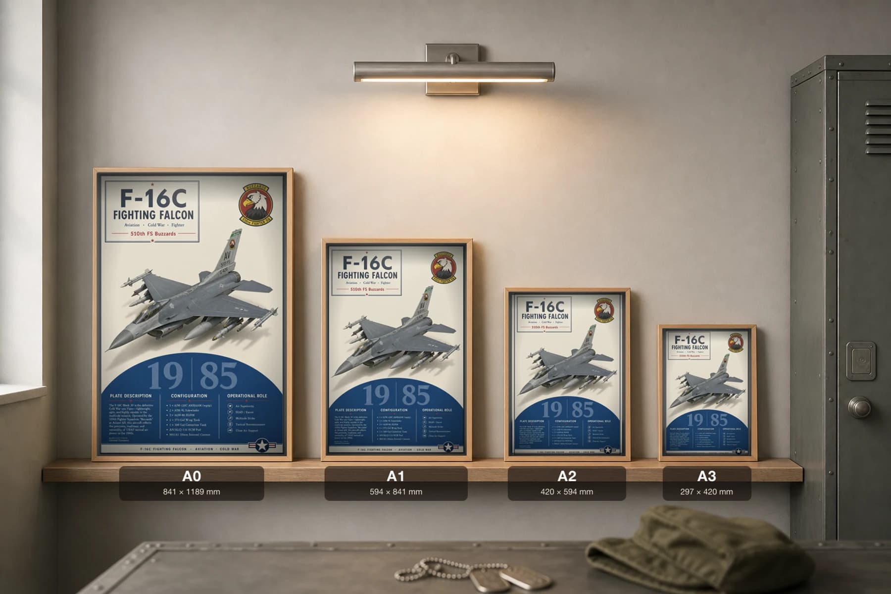 F-16C Fighting Falcon Poster — 510th FS Buzzards military aviation wall art · framed A2 · 1985 — print size guide showing the artwork at A0, A1, A2 and A3 in natural-oak frames at true relative scale
