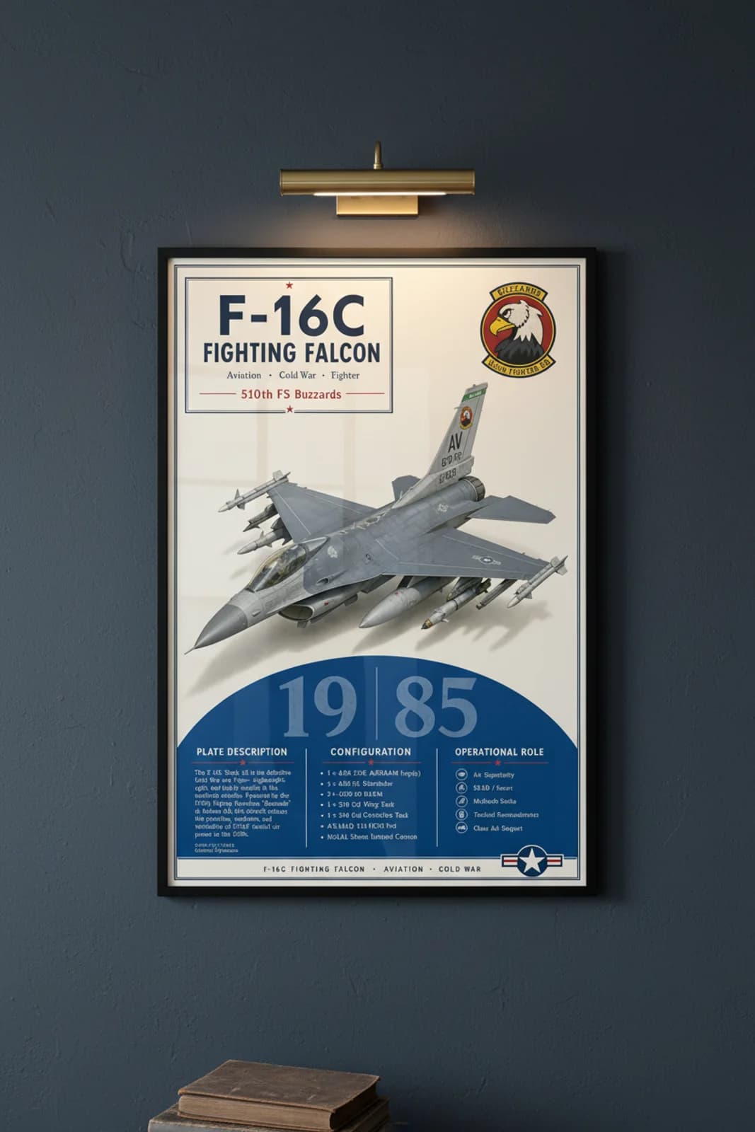 F-16C Fighting Falcon aviation poster in black A2 frame on usaf-grey navy hangar wall — Aviation Heroes mockup