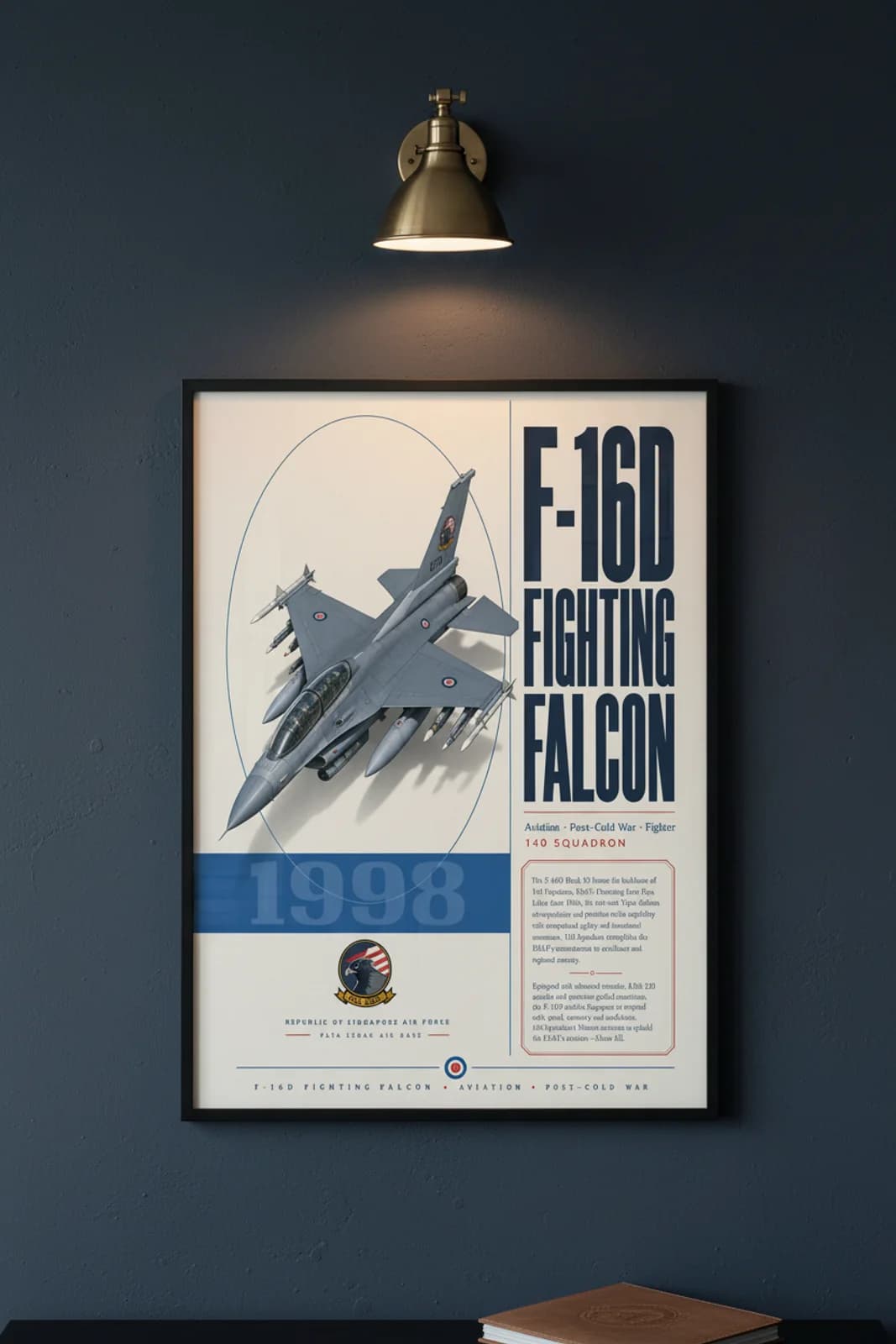 F-16D Fighting Falcon aviation poster in black A2 frame on rsaf-tactical-grey navy hangar wall — Aviation Heroes mockup