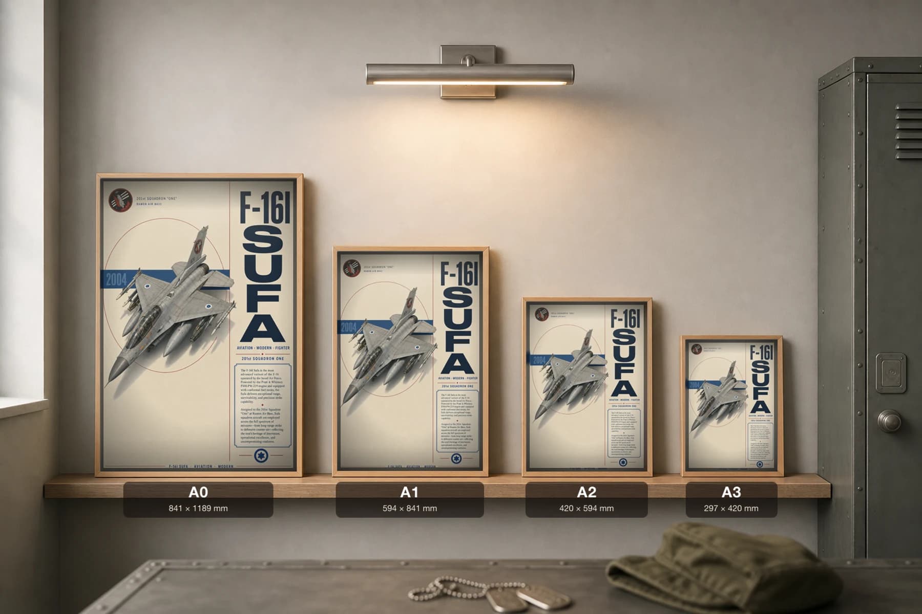 F-16I Sufa Poster — 201st Squadron One military aviation wall art · framed A2 · 2004 — print size guide showing the artwork at A0, A1, A2 and A3 in natural-oak frames at true relative scale