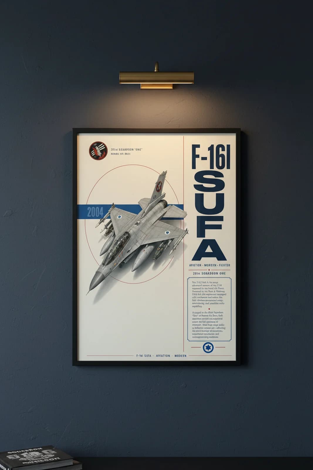 F-16I Sufa aviation poster in black A2 frame on iaf-grey navy hangar wall — Aviation Heroes mockup