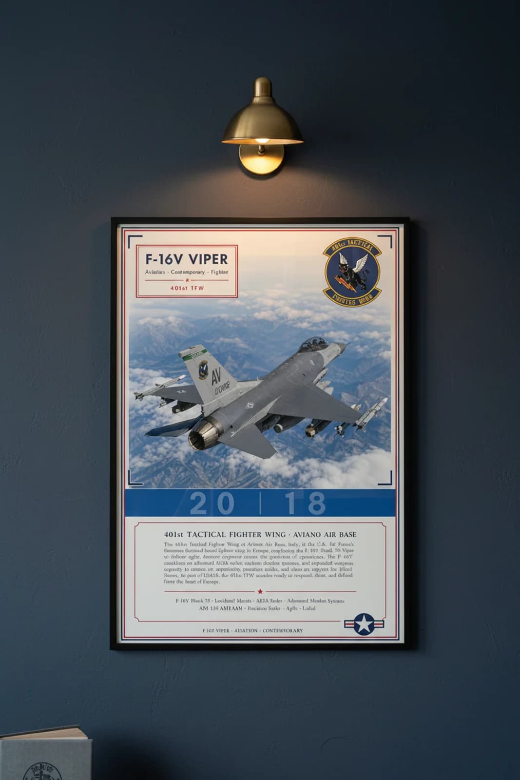 F-16V VIPER aviation poster in black A2 frame on usaf-grey navy hangar wall — Aviation Heroes mockup