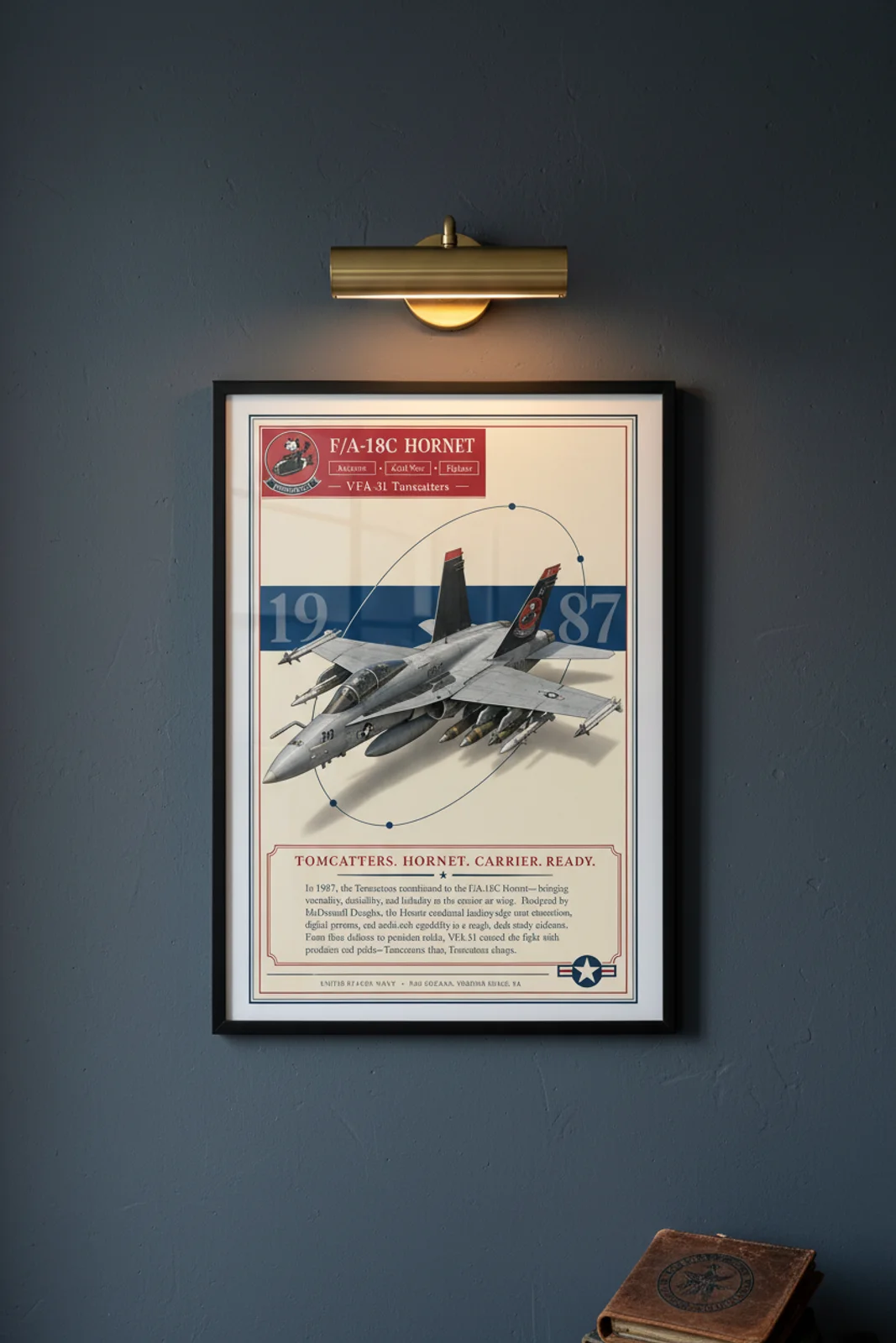 F/A-18C Hornet aviation poster in black A2 frame on us-navy-grey navy hangar wall — Aviation Heroes mockup