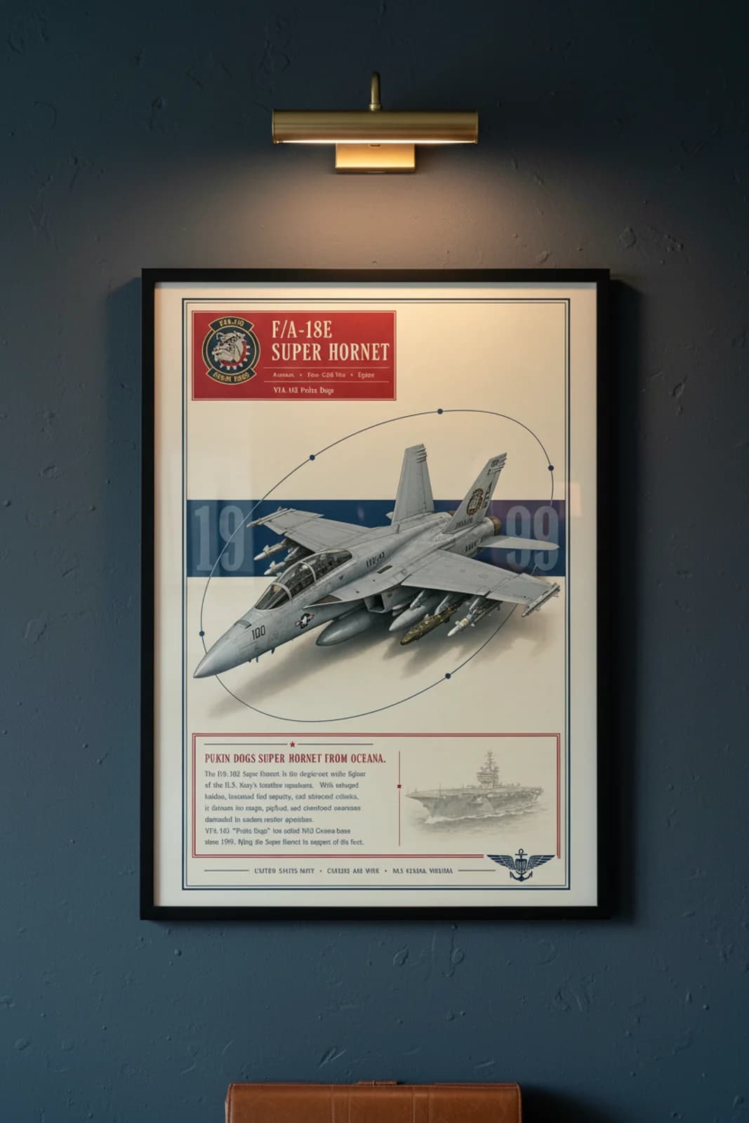 F/A-18E Super Hornet aviation poster in black A2 frame on tactical-grey navy hangar wall — Aviation Heroes mockup