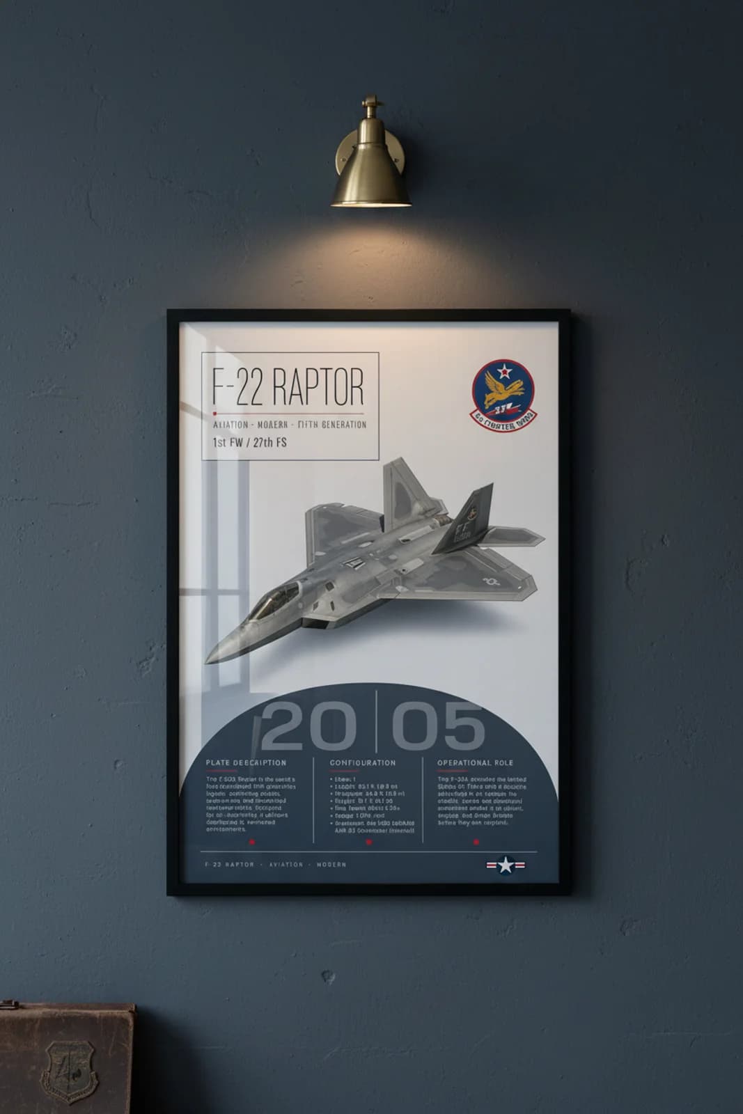 F-22 Raptor aviation poster in black A2 frame on air-superiority-grey navy hangar wall — Aviation Heroes mockup