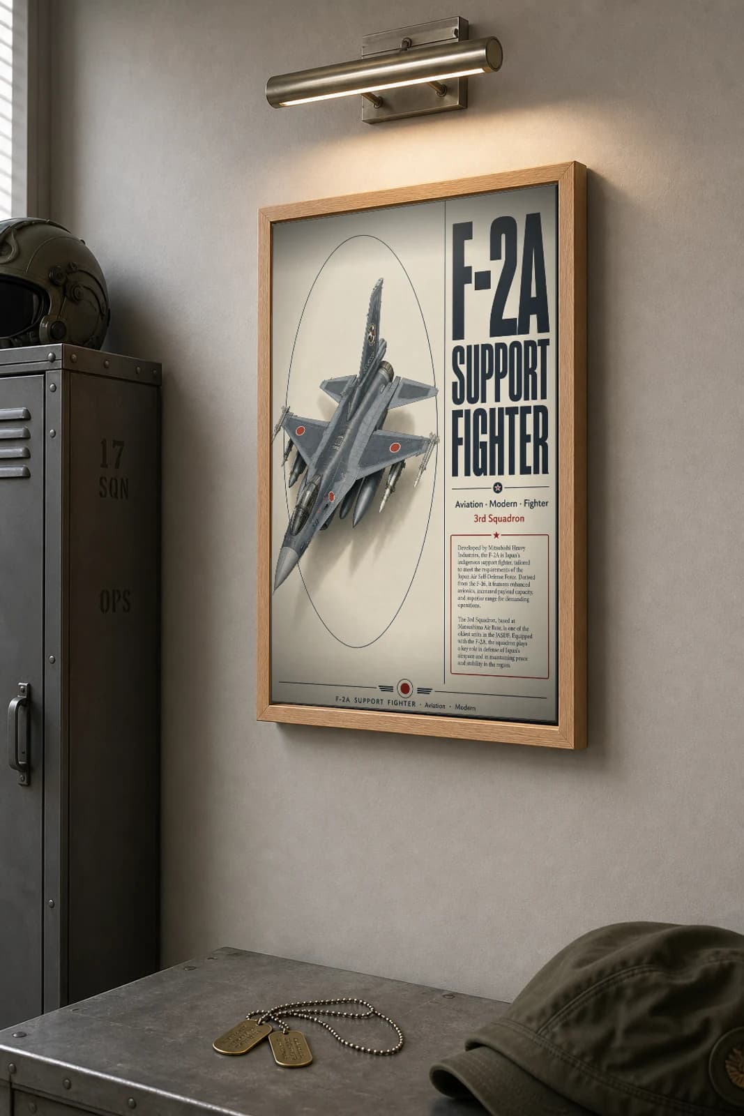 F-2A Support Fighter Poster — 3rd Squadron military aviation wall art · framed A2 · 2000 — the framed print shown at a three-quarter angle on a styled gallery wall in a natural-oak frame