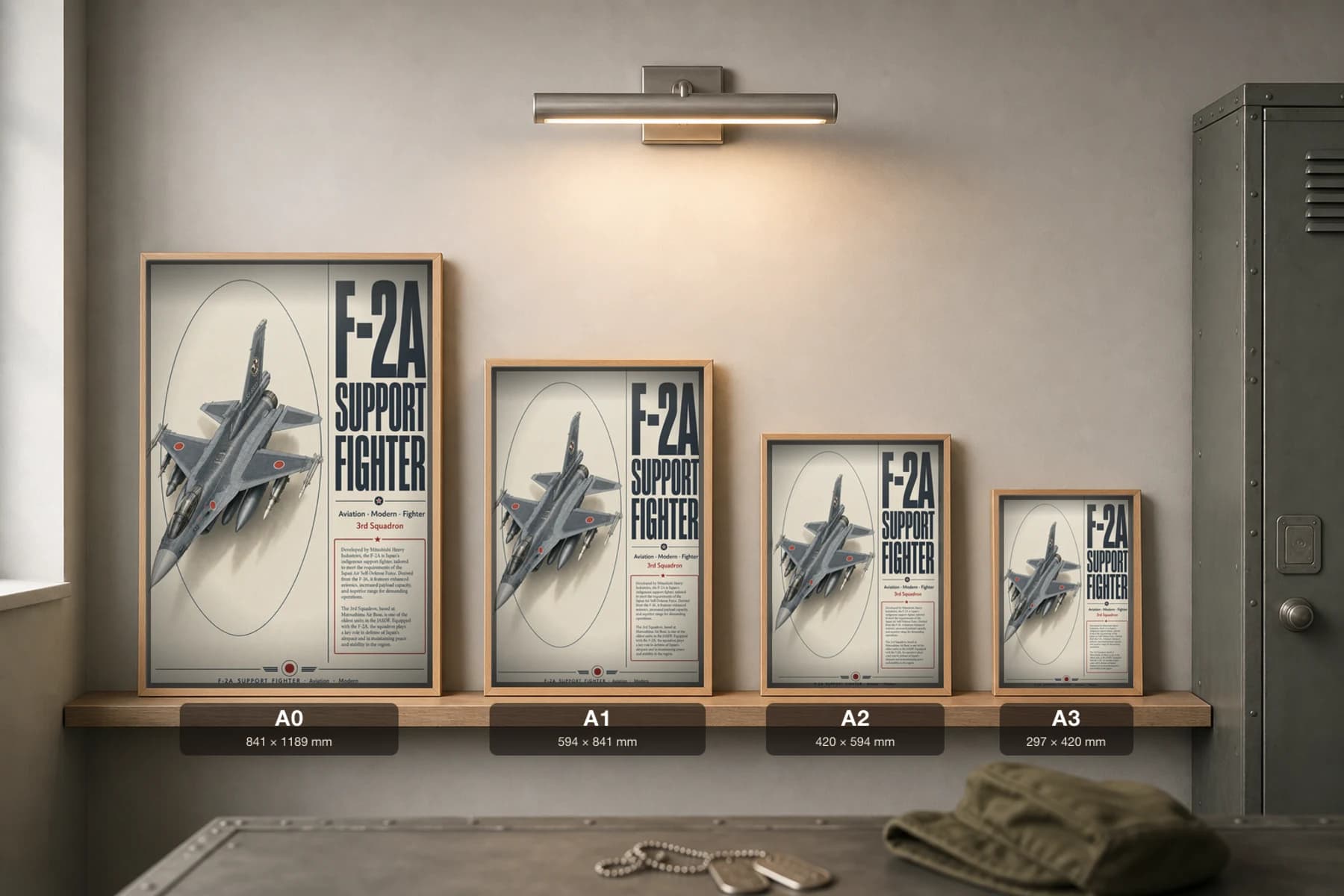 F-2A Support Fighter Poster — 3rd Squadron military aviation wall art · framed A2 · 2000 — print size guide showing the artwork at A0, A1, A2 and A3 in natural-oak frames at true relative scale