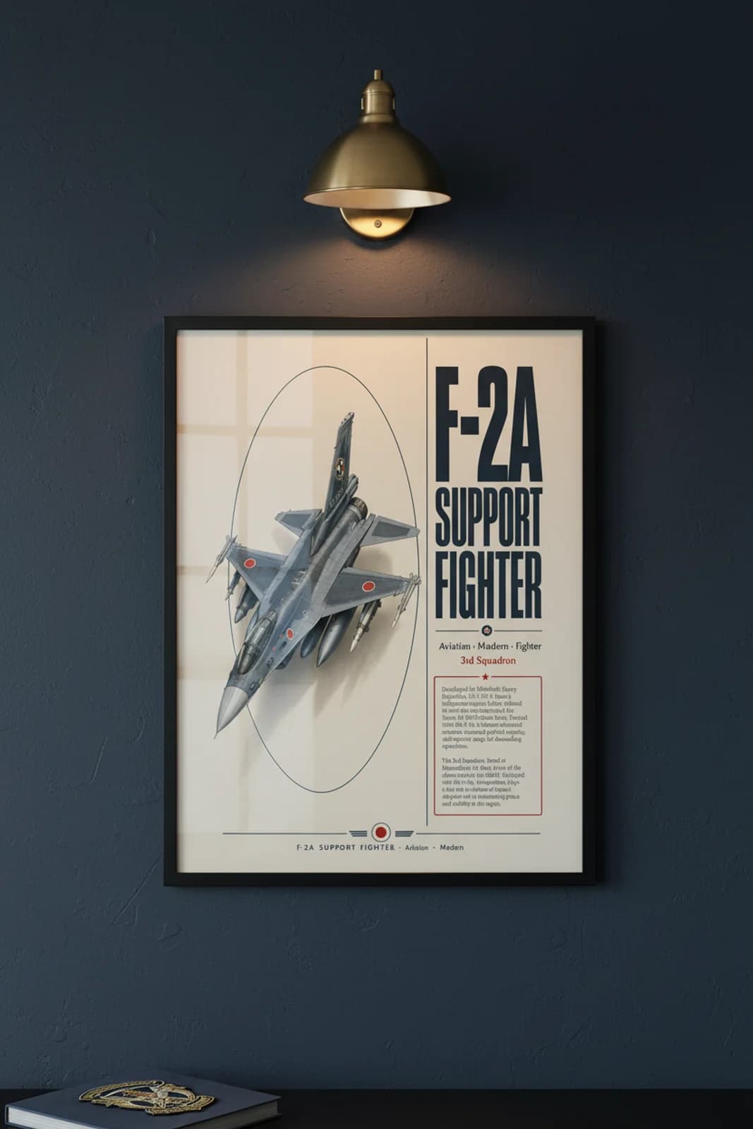 F-2A Support Fighter aviation poster in black A2 frame on jasdf-blue-grey navy hangar wall — Aviation Heroes mockup