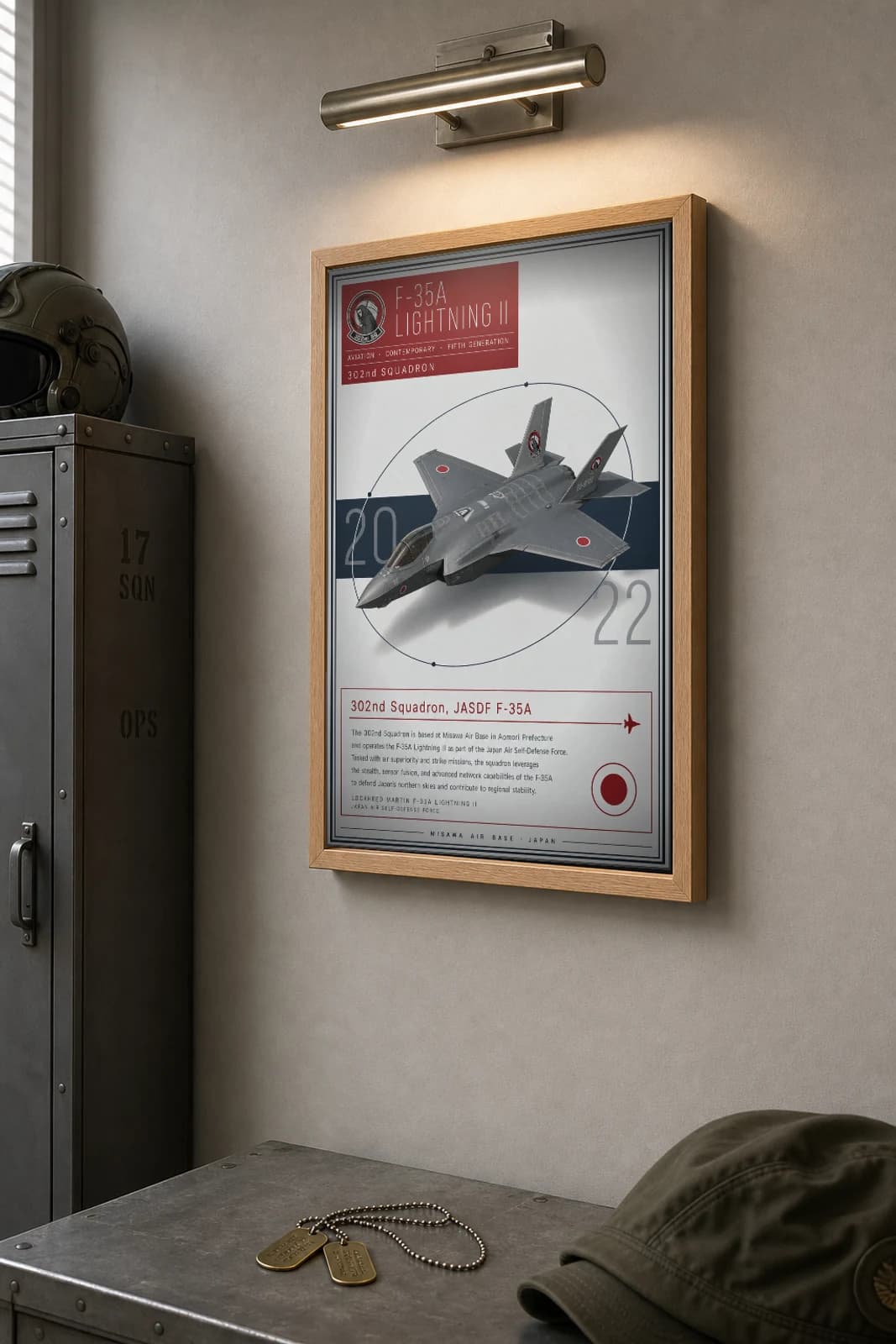 F-35A Lightning II Poster — 302nd Squadron military aviation wall art · framed A2 · 2022 — the framed print shown at a three-quarter angle on a styled gallery wall in a natural-oak frame