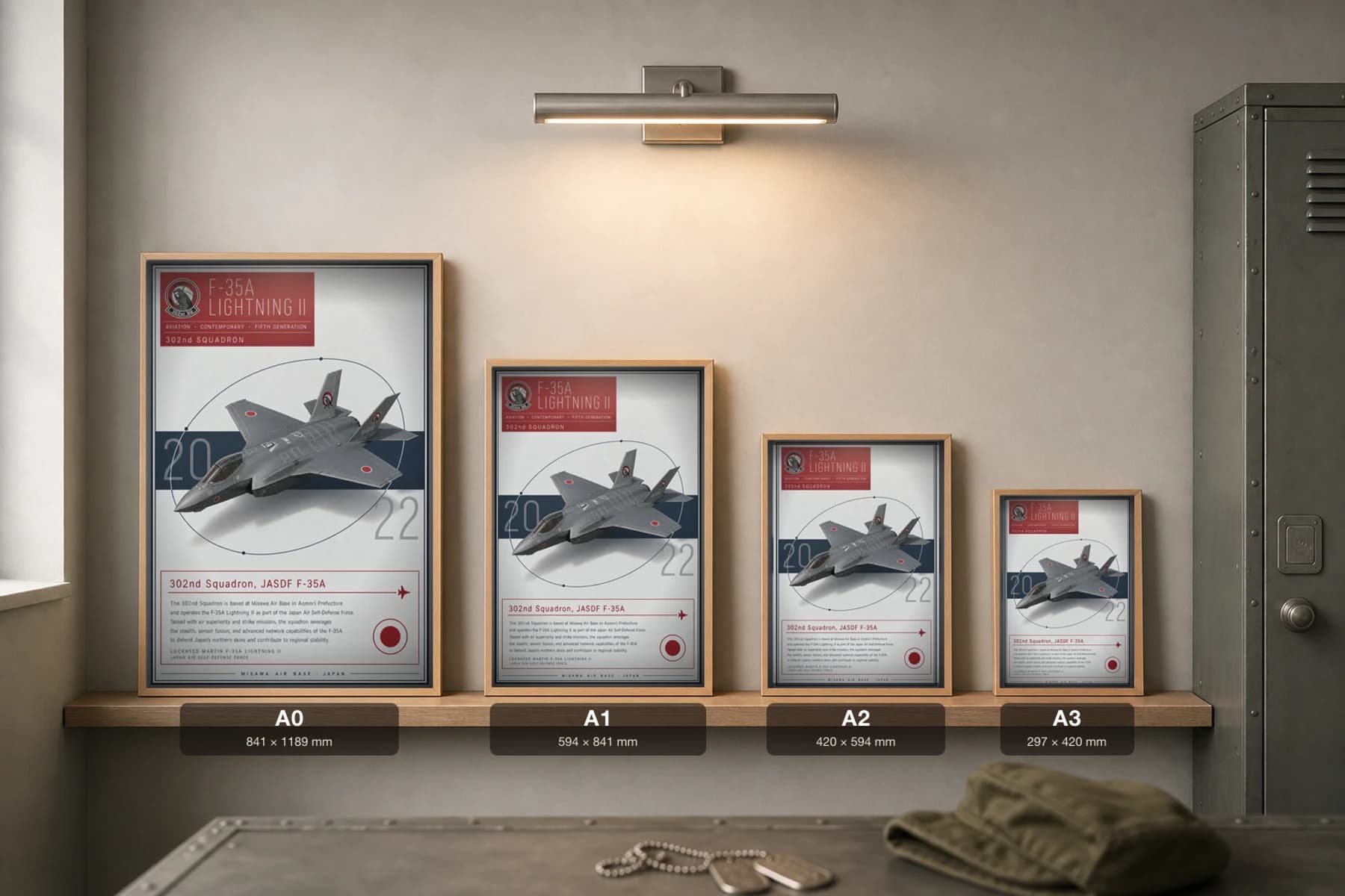 F-35A Lightning II Poster — 302nd Squadron military aviation wall art · framed A2 · 2022 — print size guide showing the artwork at A0, A1, A2 and A3 in natural-oak frames at true relative scale