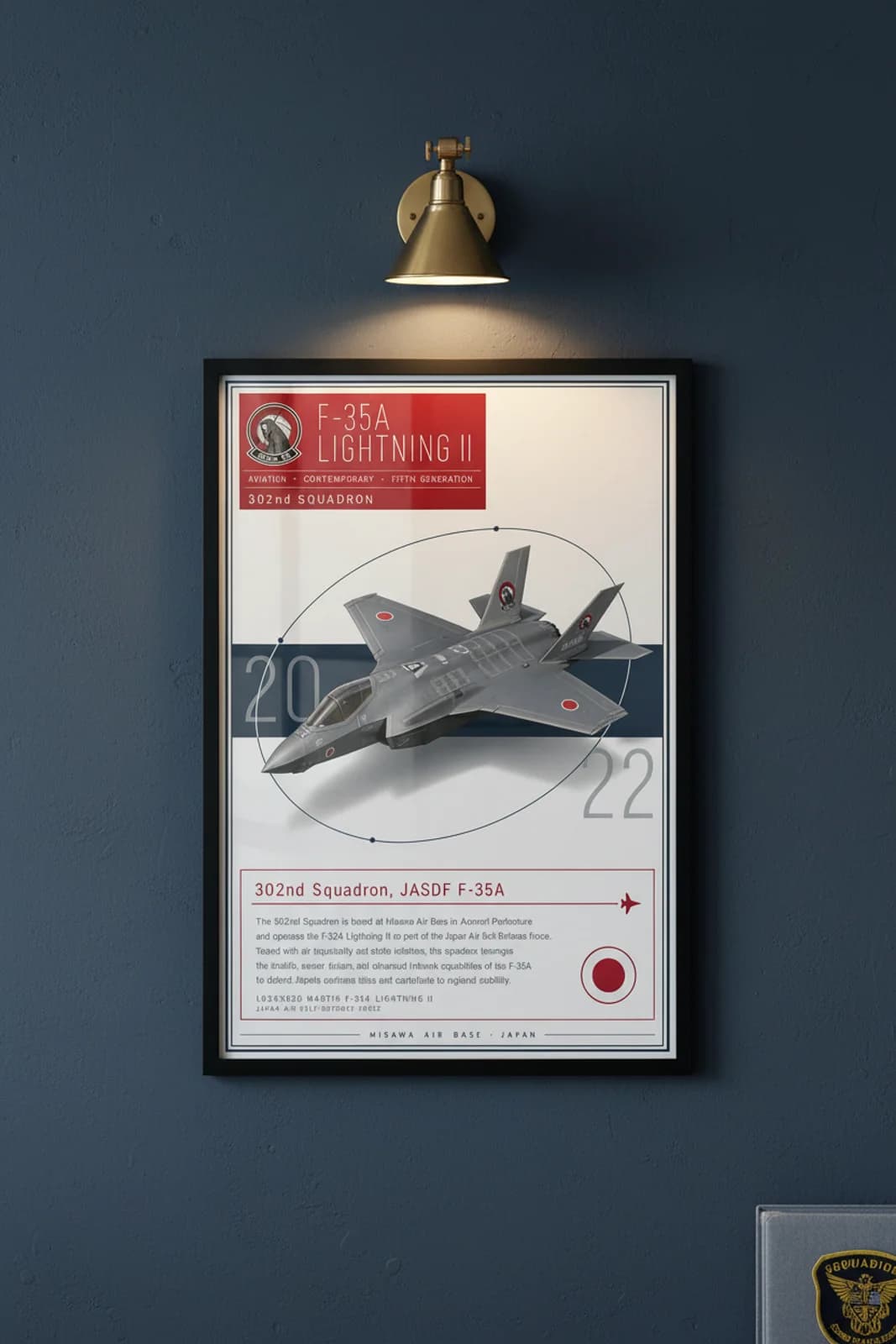 F-35A Lightning II aviation poster in black A2 frame on tactical-grey navy hangar wall — Aviation Heroes mockup