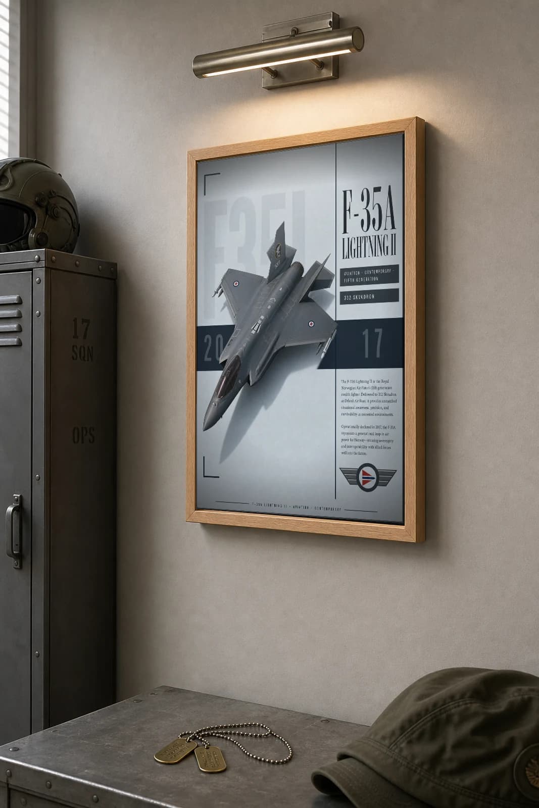 F-35A Lightning II Poster — 332 Skvadron military aviation wall art · framed A2 · 2017 — the framed print shown at a three-quarter angle on a styled gallery wall in a natural-oak frame
