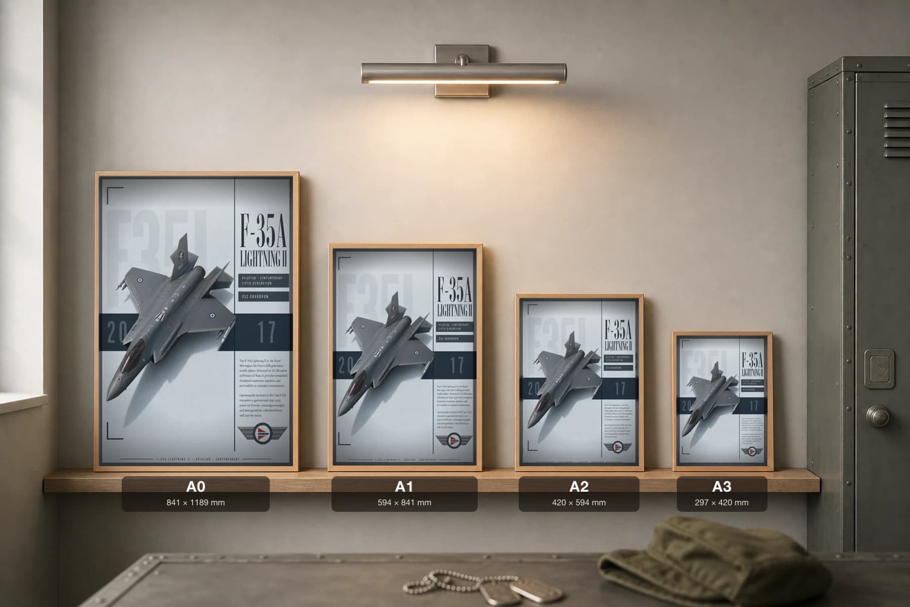 F-35A Lightning II Poster — 332 Skvadron military aviation wall art · framed A2 · 2017 — print size guide showing the artwork at A0, A1, A2 and A3 in natural-oak frames at true relative scale