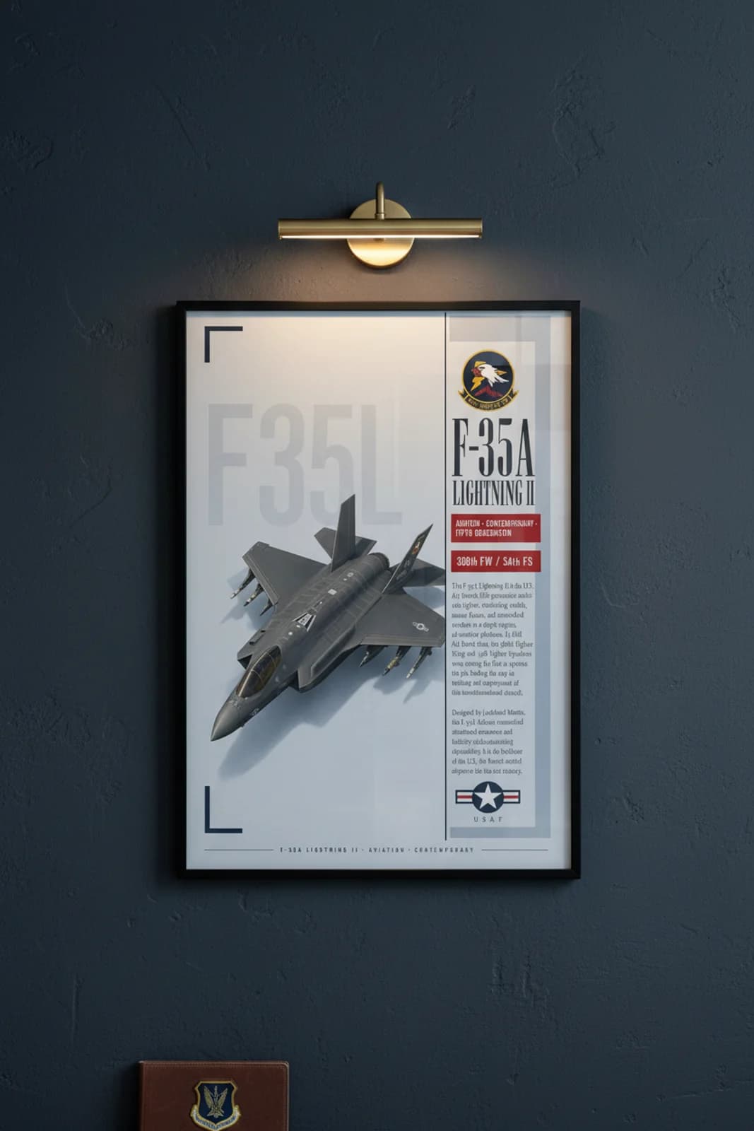 F-35A Lightning II aviation poster in black A2 frame on blue-grey navy hangar wall — Aviation Heroes mockup