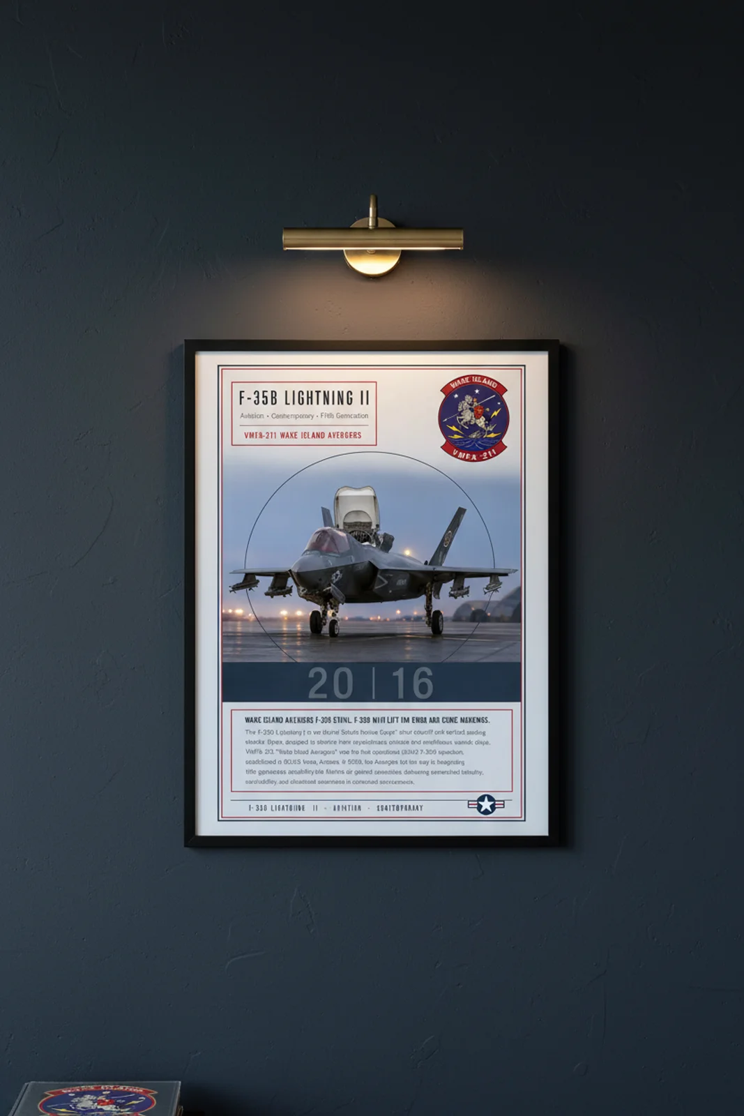 F-35B Lightning II aviation poster in black A2 frame on usmc-grey navy hangar wall — Aviation Heroes mockup