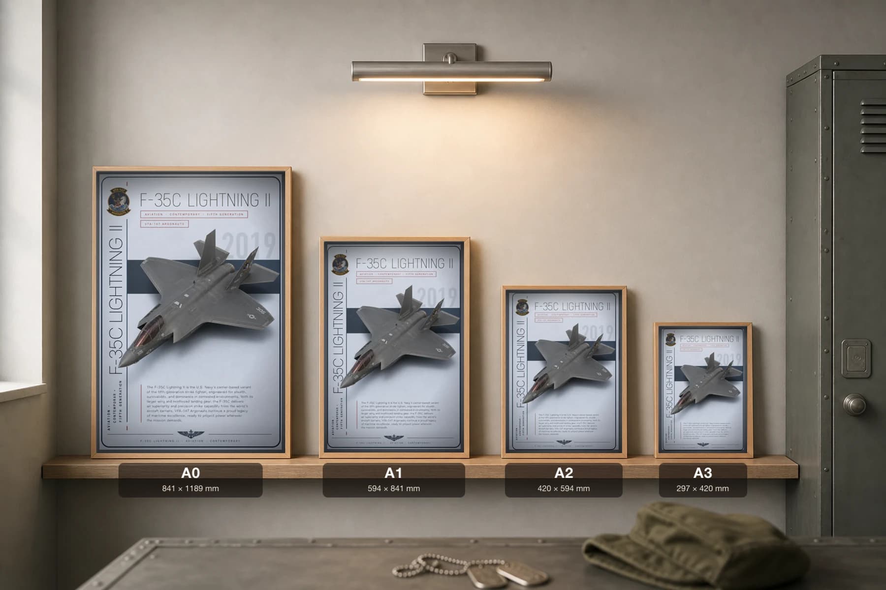 F-35C Lightning II Poster — VFA-147 Argonauts military aviation wall art · framed A2 · 2019 — print size guide showing the artwork at A0, A1, A2 and A3 in natural-oak frames at true relative scale