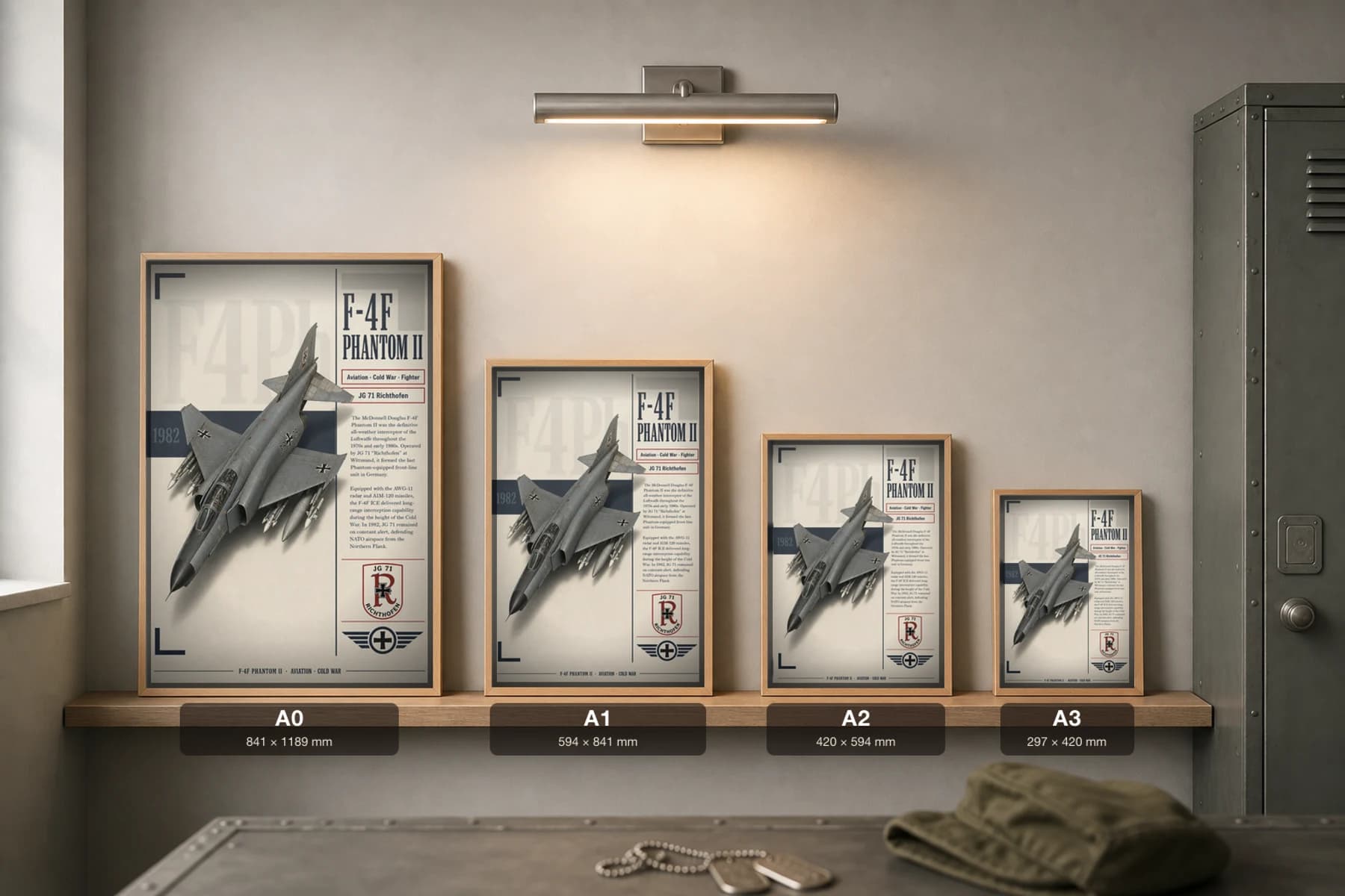 F-4F Phantom II Poster — JG 71 Richthofen military aviation wall art · framed A2 · 1982 — print size guide showing the artwork at A0, A1, A2 and A3 in natural-oak frames at true relative scale