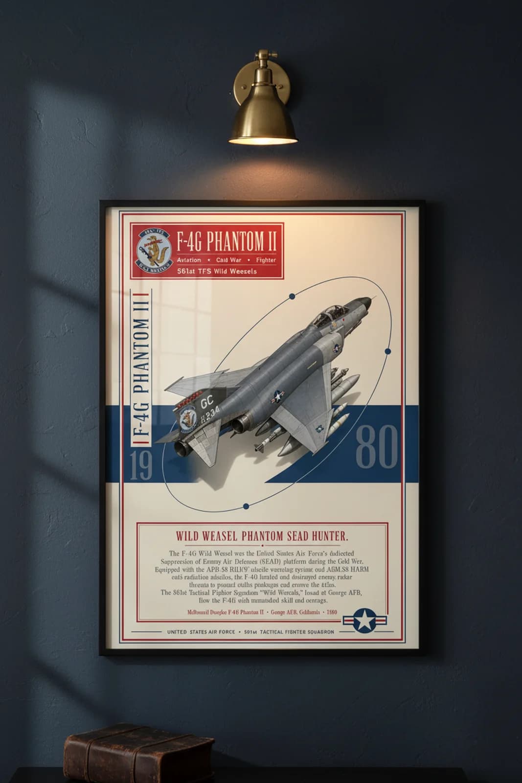 F-4G Phantom II Wild Weasel aviation poster in black A2 frame on grey-blue-camo navy hangar wall — Aviation Heroes mockup