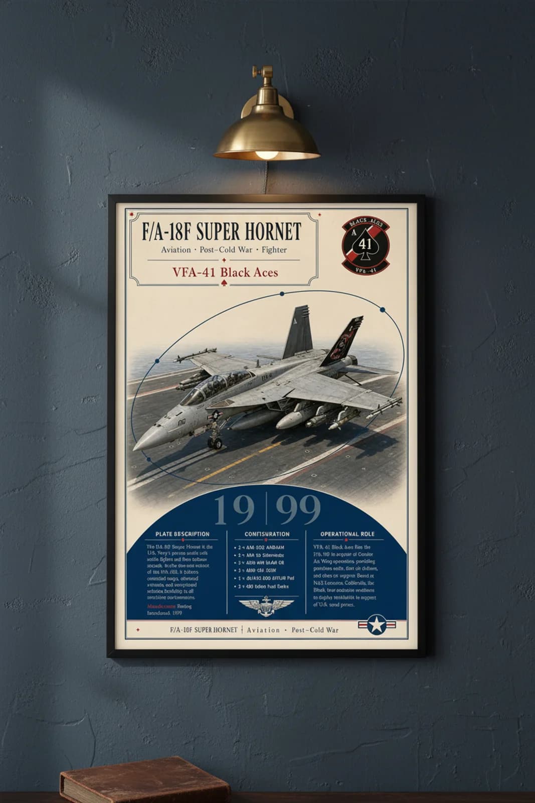 F/A-18F Super Hornet aviation poster in black A2 frame on tactical-grey navy hangar wall — Aviation Heroes mockup