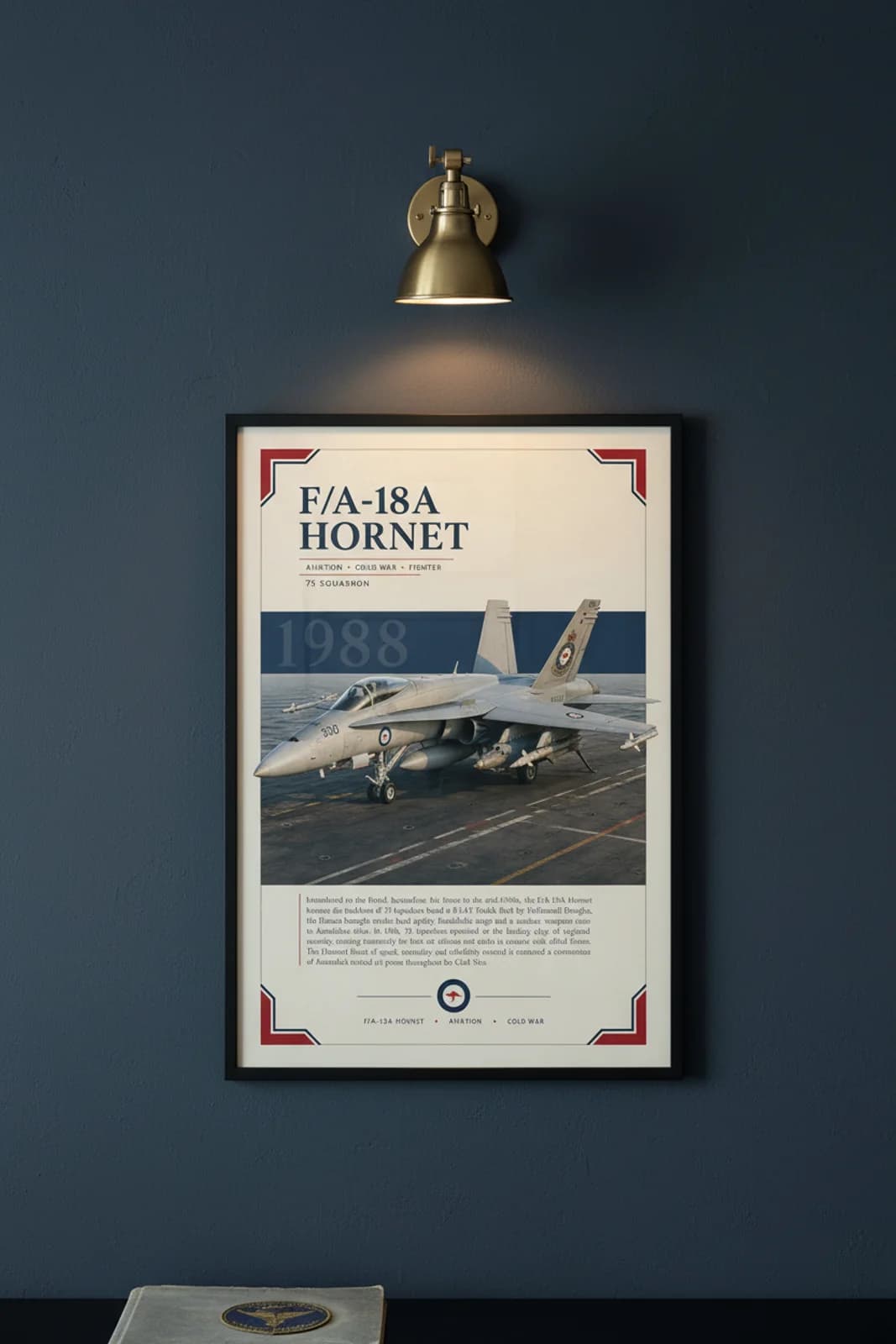F/A-18A Hornet aviation poster in black A2 frame on raaf-grey navy hangar wall — Aviation Heroes mockup