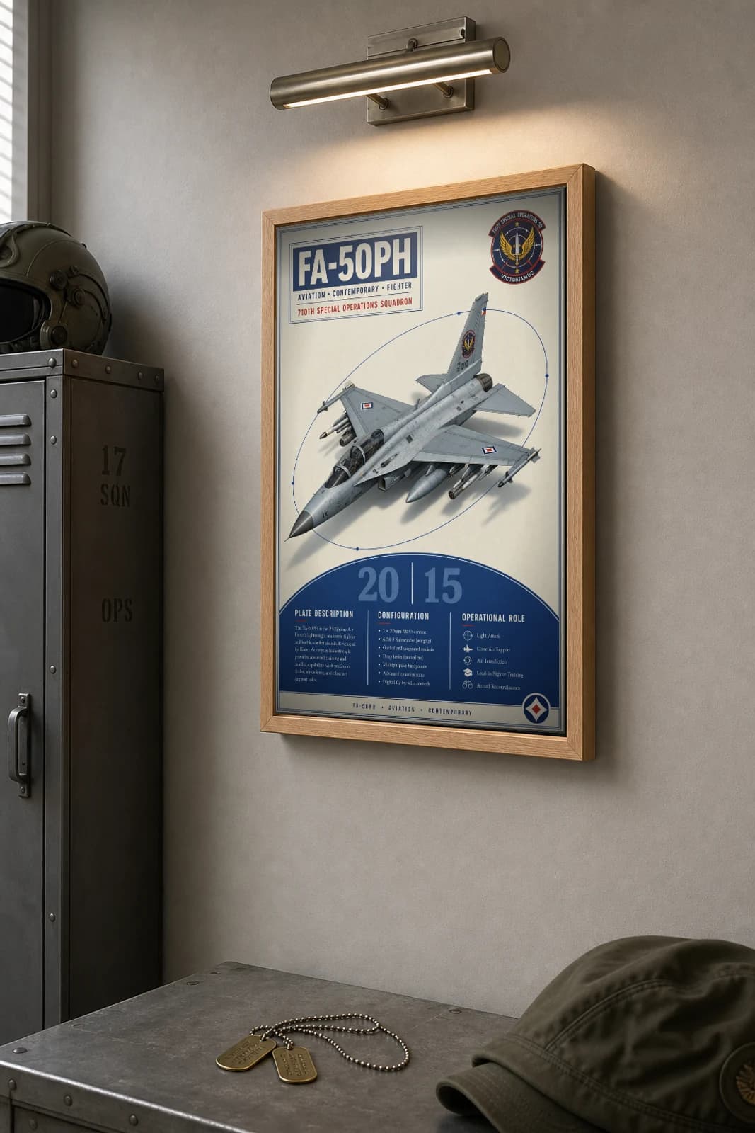 FA-50PH Golden Eagle Poster — 710th Special Operations Squadron military aviation wall art · framed A2 · 2015 — the framed print shown at a three-quarter angle on a styled gallery wall in a natural-oak frame