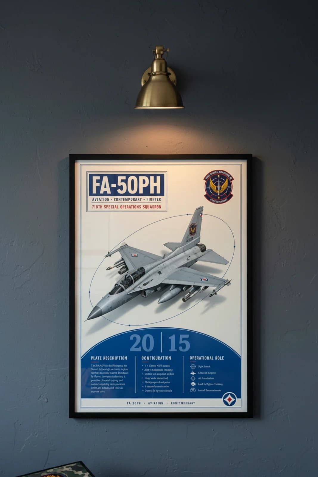 FA-50PH Golden Eagle aviation poster in black A2 frame on paf-grey navy hangar wall — Aviation Heroes mockup