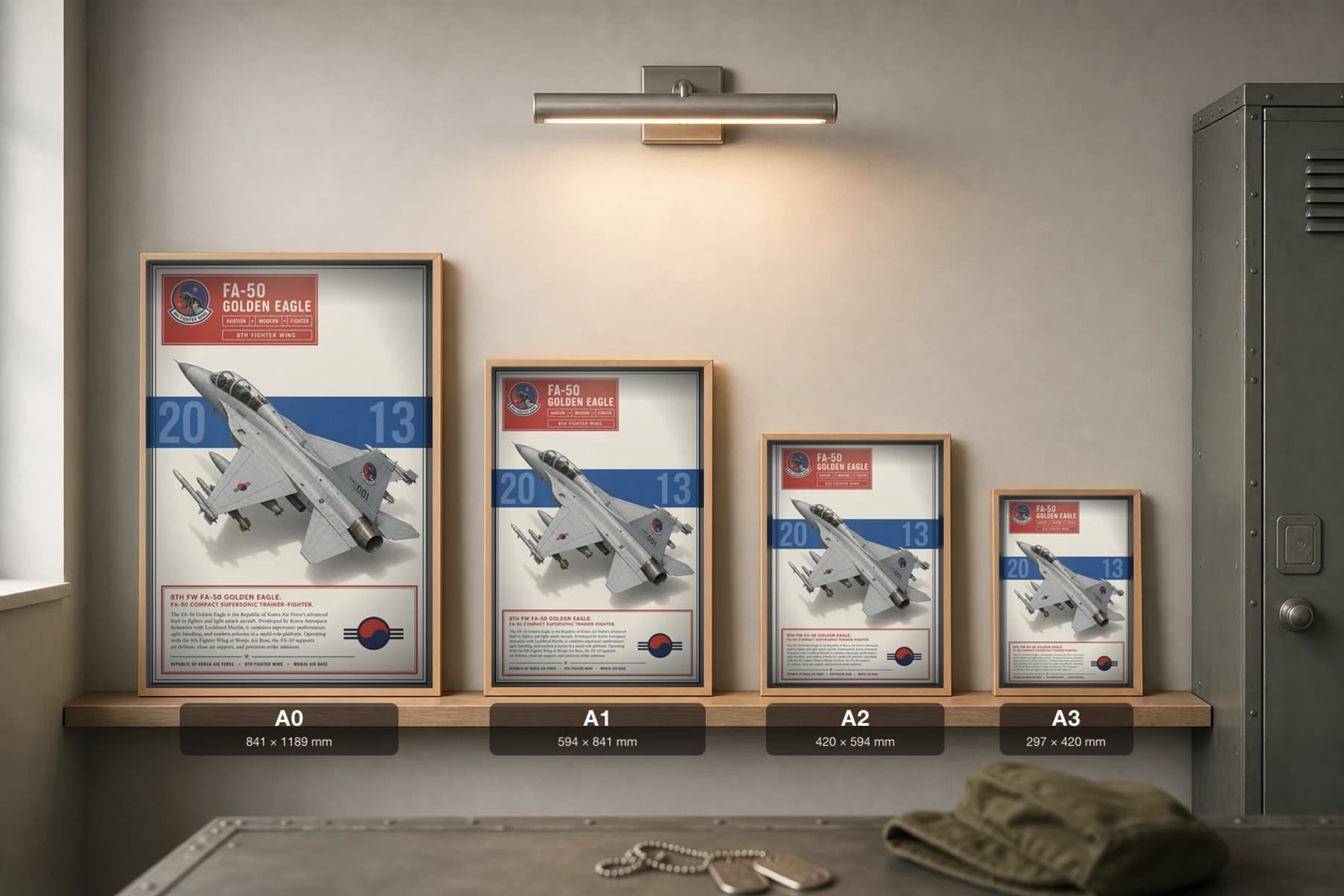 FA-50 Golden Eagle Poster — 8th Fighter Wing military aviation wall art · framed A2 · 2013 — print size guide showing the artwork at A0, A1, A2 and A3 in natural-oak frames at true relative scale