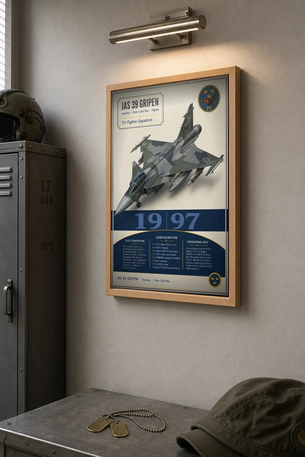 JAS 39 Gripen Poster — 71st Fighter Squadron military aviation wall art · framed A2 · 1997 — the framed print shown at a three-quarter angle on a styled gallery wall in a natural-oak frame