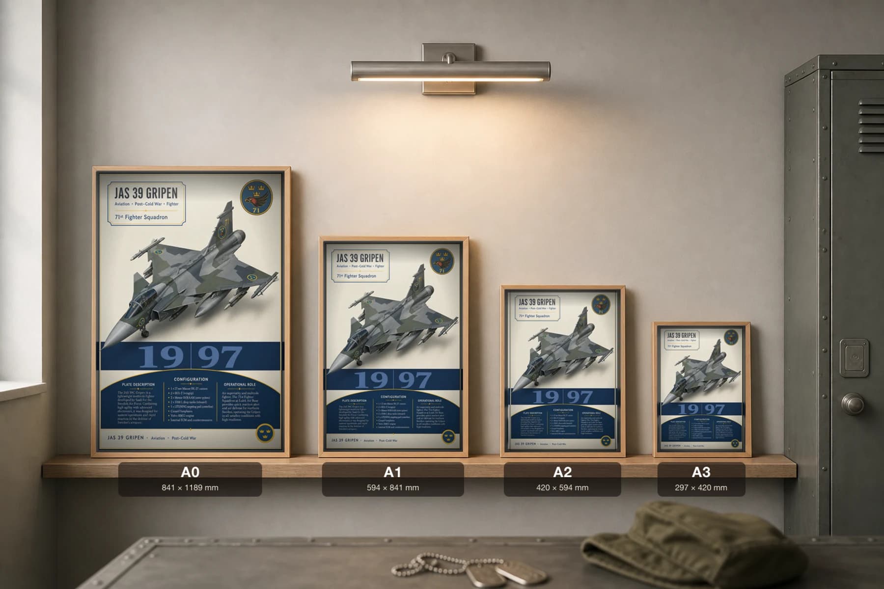 JAS 39 Gripen Poster — 71st Fighter Squadron military aviation wall art · framed A2 · 1997 — print size guide showing the artwork at A0, A1, A2 and A3 in natural-oak frames at true relative scale