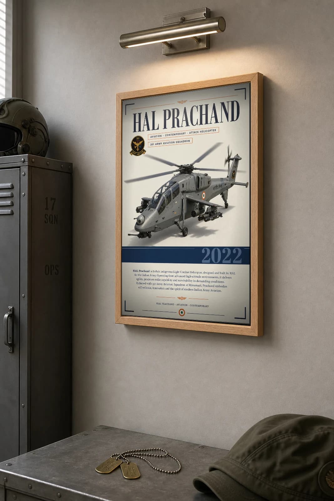 HAL Prachand Poster — 351 Army Aviation Squadron military aviation wall art · framed A2 · 2022 — the framed print shown at a three-quarter angle on a styled gallery wall in a natural-oak frame