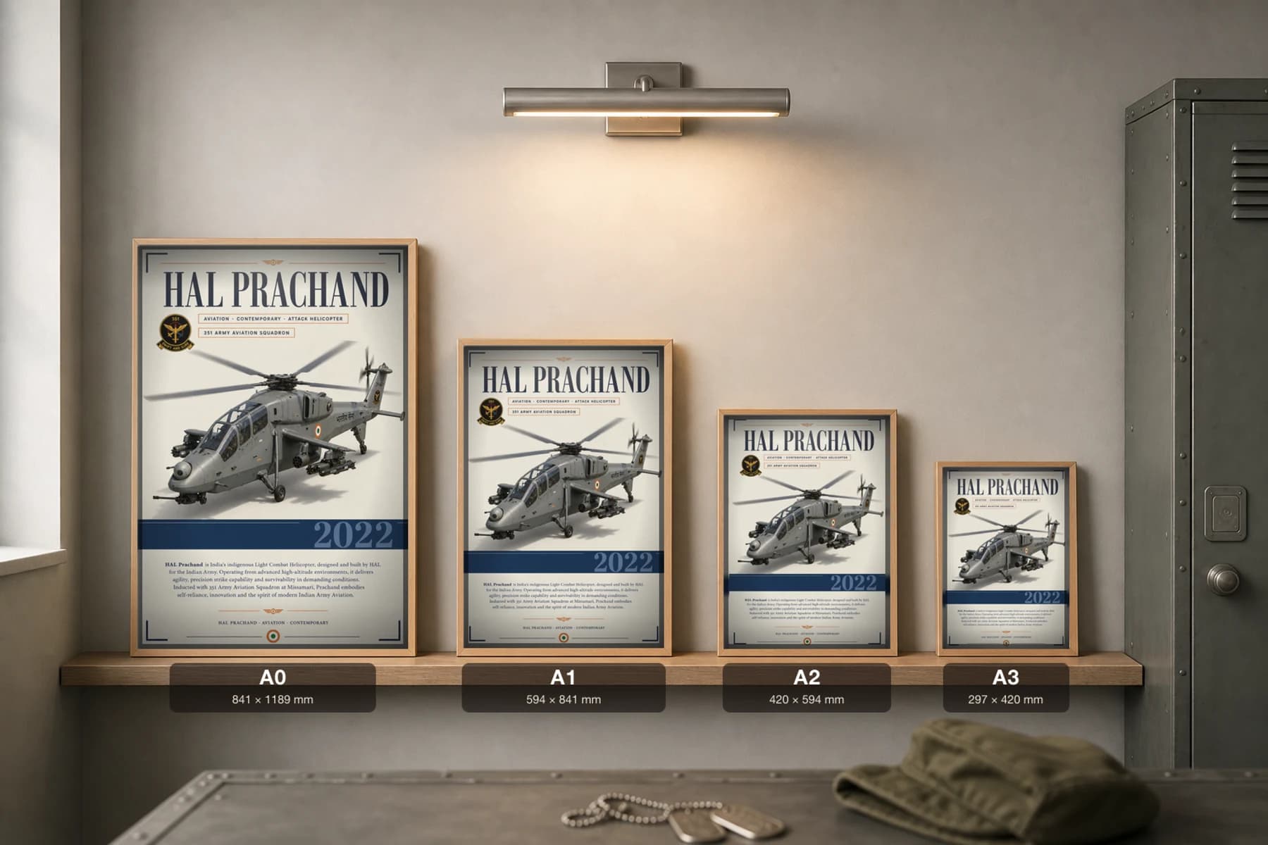 HAL Prachand Poster — 351 Army Aviation Squadron military aviation wall art · framed A2 · 2022 — print size guide showing the artwork at A0, A1, A2 and A3 in natural-oak frames at true relative scale