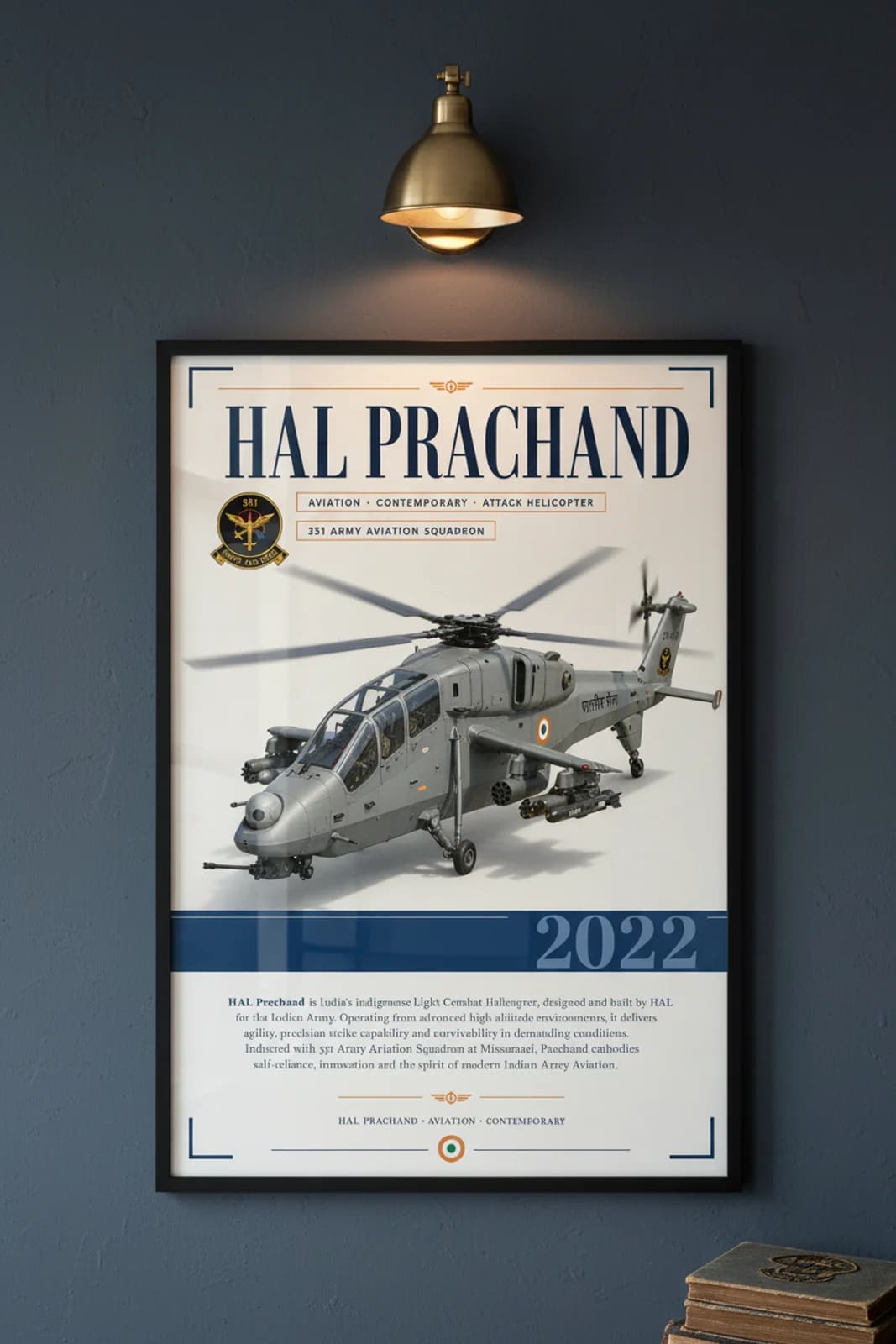 HAL Prachand aviation poster in black A2 frame on army-grey navy hangar wall — Aviation Heroes mockup