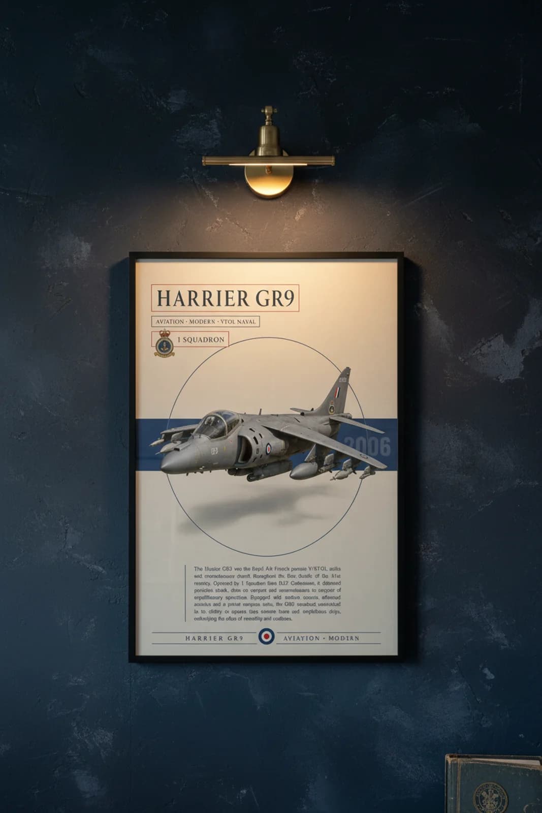 Harrier GR9 aviation poster in black A2 frame on raf-grey navy hangar wall — Aviation Heroes mockup
