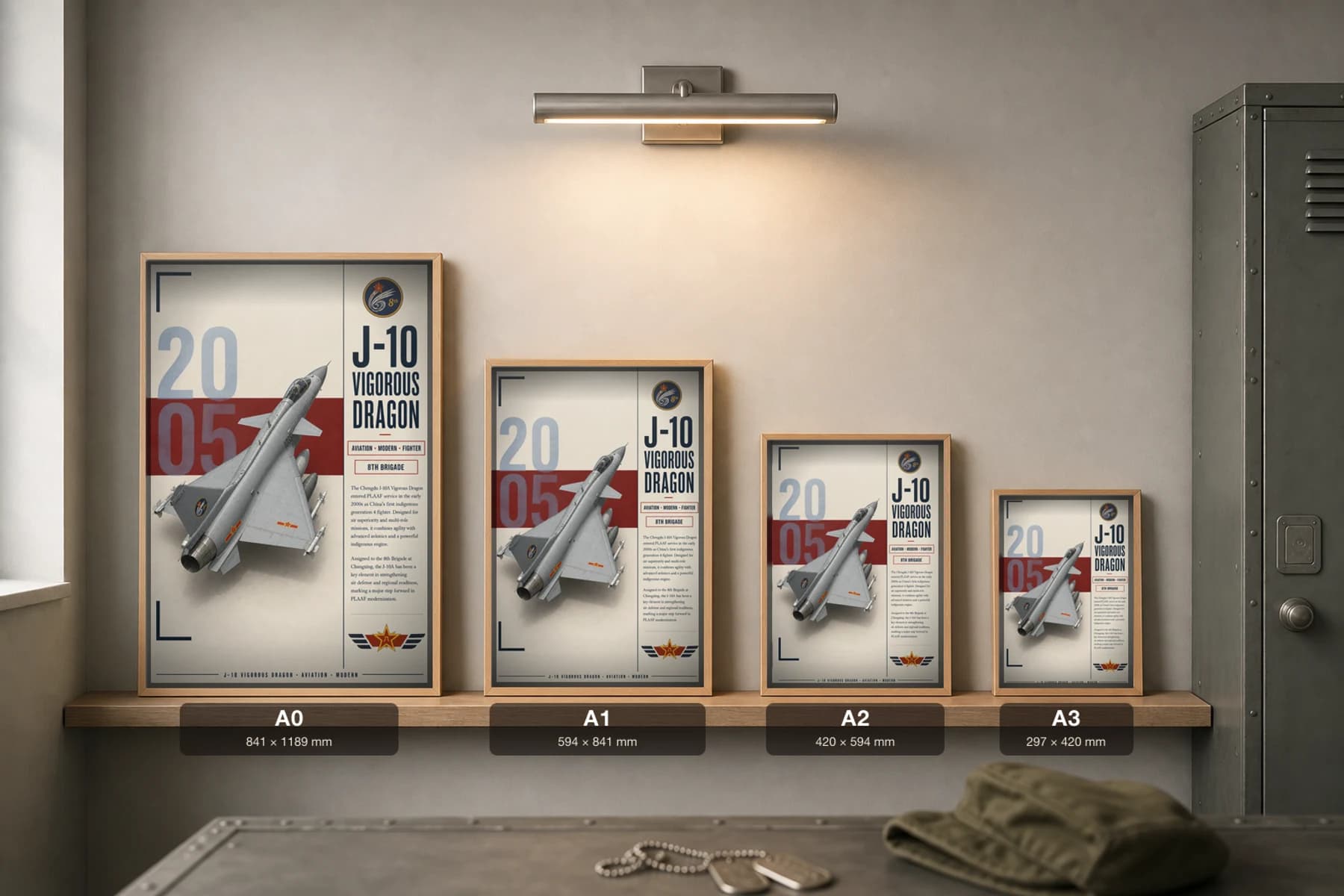 J-10A Vigorous Dragon Poster — 8th Brigade military aviation wall art · framed A2 · 2005 — print size guide showing the artwork at A0, A1, A2 and A3 in natural-oak frames at true relative scale