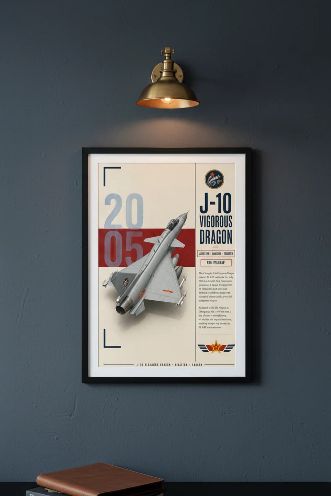 J-10A Vigorous Dragon aviation poster in black A2 frame on plaaf-grey navy hangar wall — Aviation Heroes mockup