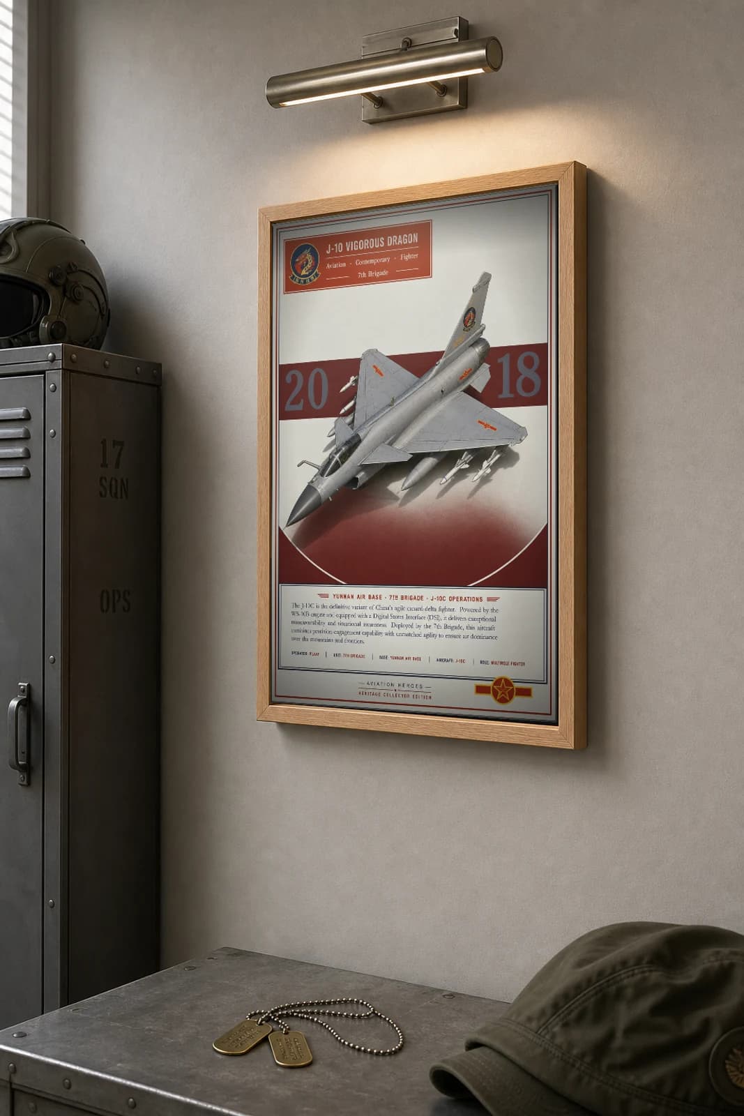 J-10C Vigorous Dragon Poster — 7th Brigade military aviation wall art · framed A2 · 2018 — the framed print shown at a three-quarter angle on a styled gallery wall in a natural-oak frame