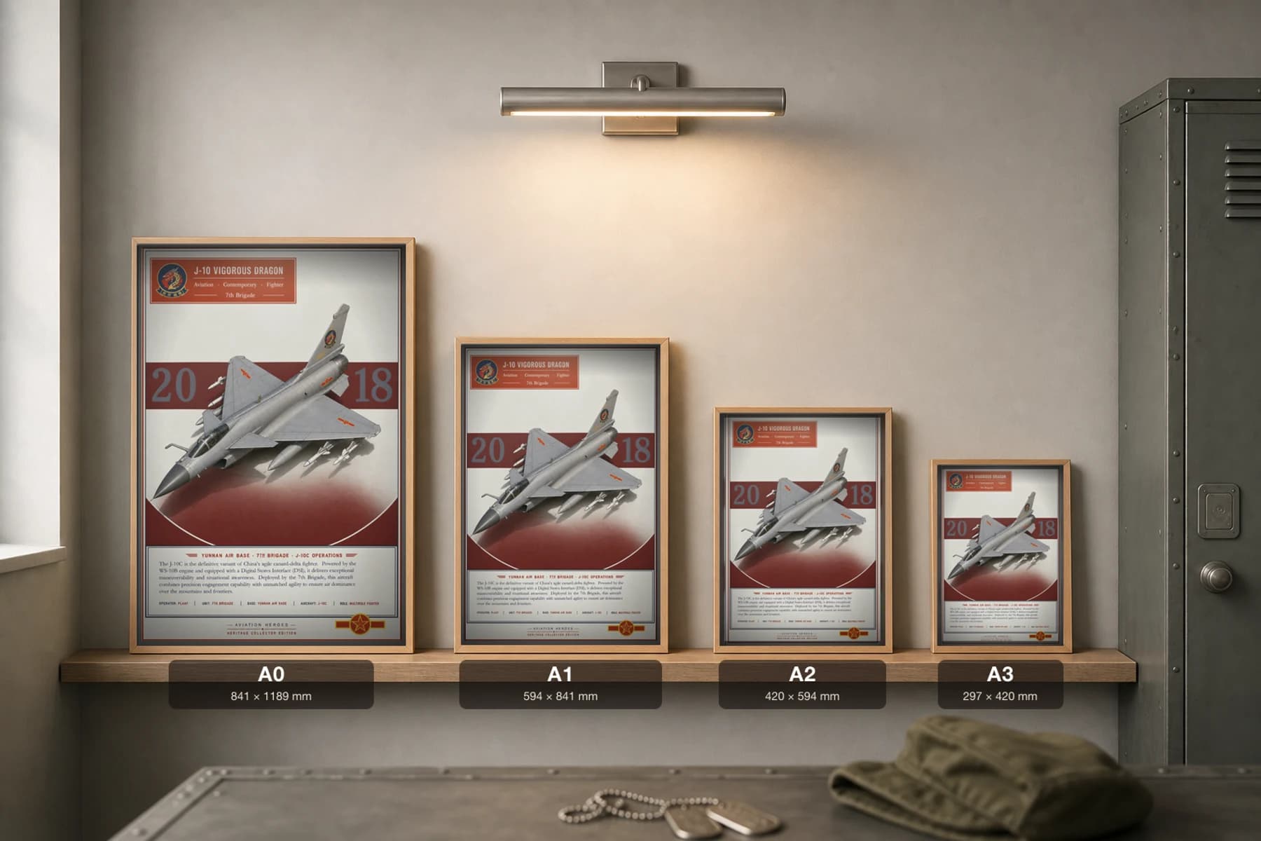 J-10C Vigorous Dragon Poster — 7th Brigade military aviation wall art · framed A2 · 2018 — print size guide showing the artwork at A0, A1, A2 and A3 in natural-oak frames at true relative scale