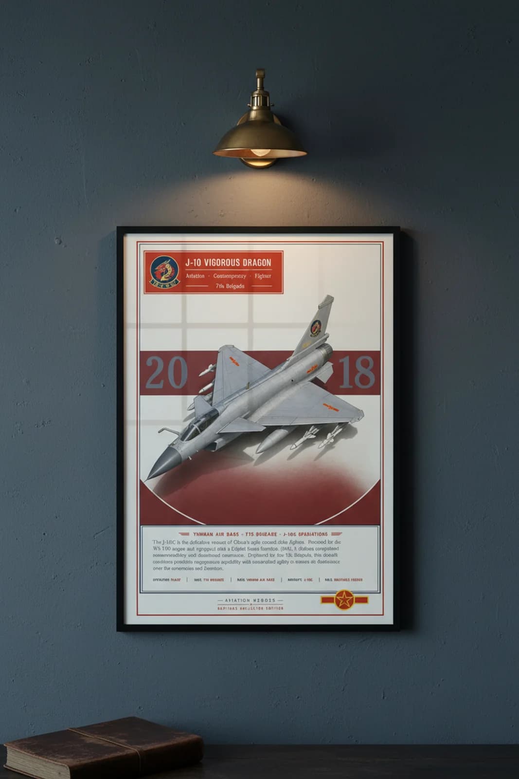 J-10C Vigorous Dragon aviation poster in black A2 frame on plaaf-grey navy hangar wall — Aviation Heroes mockup