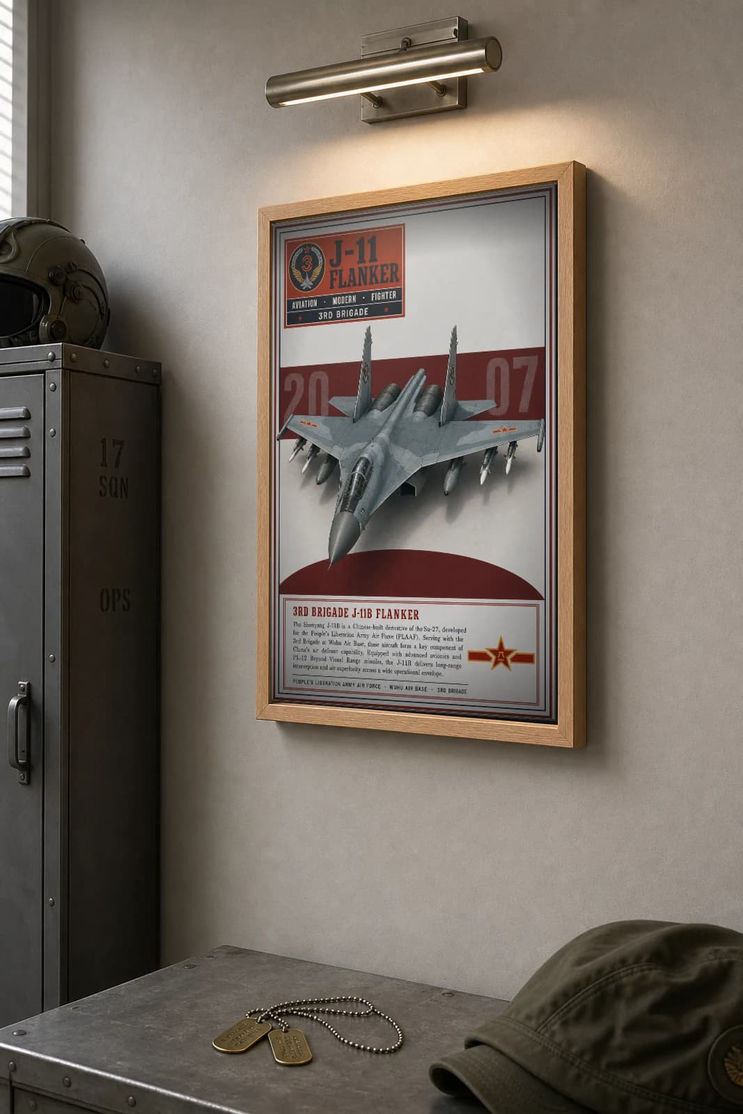 J-11B Flanker Poster — 3rd Brigade military aviation wall art · framed A2 · 2007 — the framed print shown at a three-quarter angle on a styled gallery wall in a natural-oak frame
