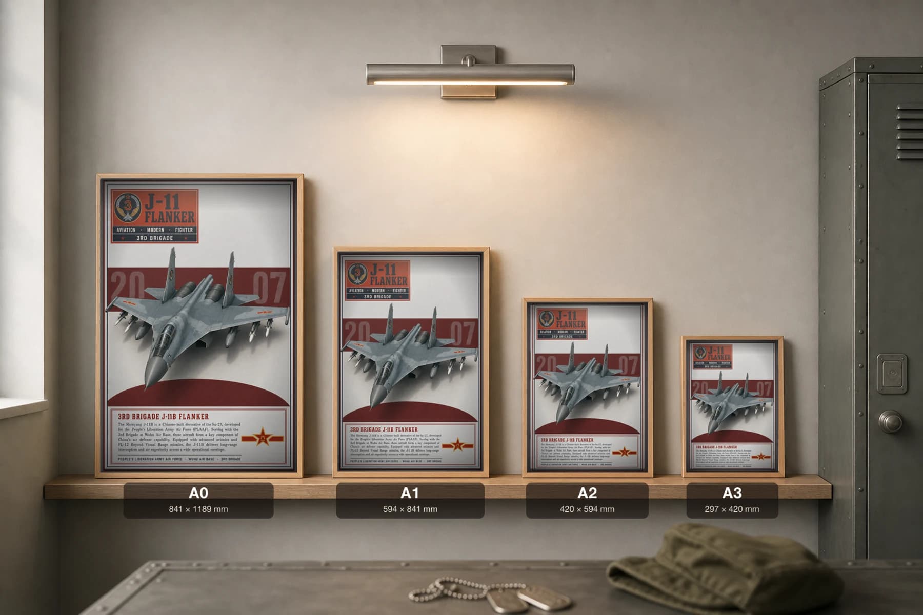 J-11B Flanker Poster — 3rd Brigade military aviation wall art · framed A2 · 2007 — print size guide showing the artwork at A0, A1, A2 and A3 in natural-oak frames at true relative scale