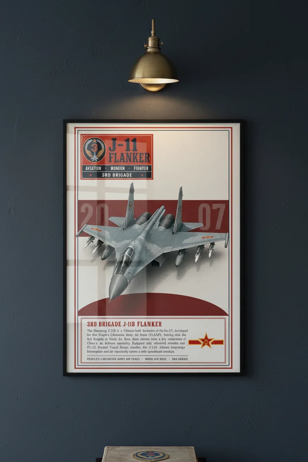 J-11B Flanker aviation poster in black A2 frame on plaaf-grey navy hangar wall — Aviation Heroes mockup
