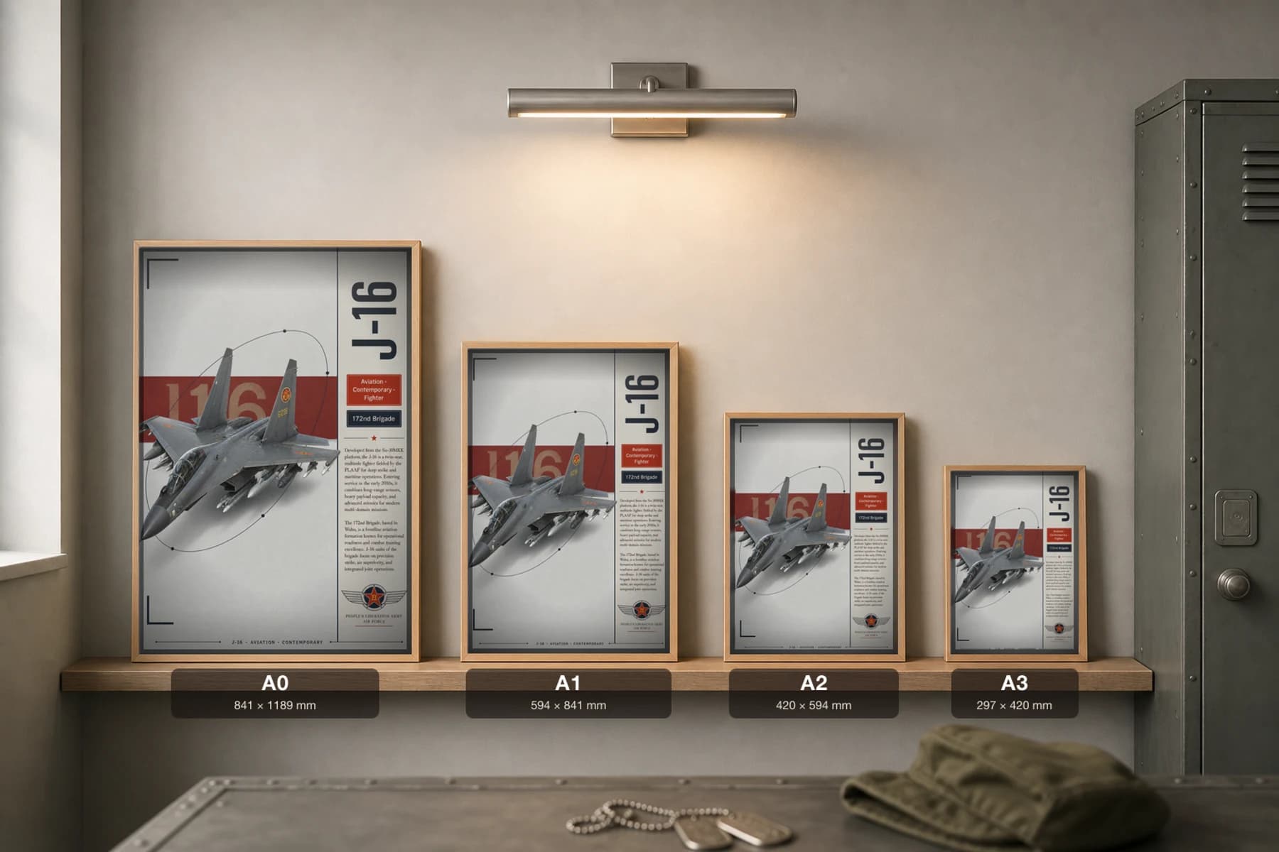J-16 Poster — 172nd Brigade military aviation wall art · framed A2 · 2015 — print size guide showing the artwork at A0, A1, A2 and A3 in natural-oak frames at true relative scale