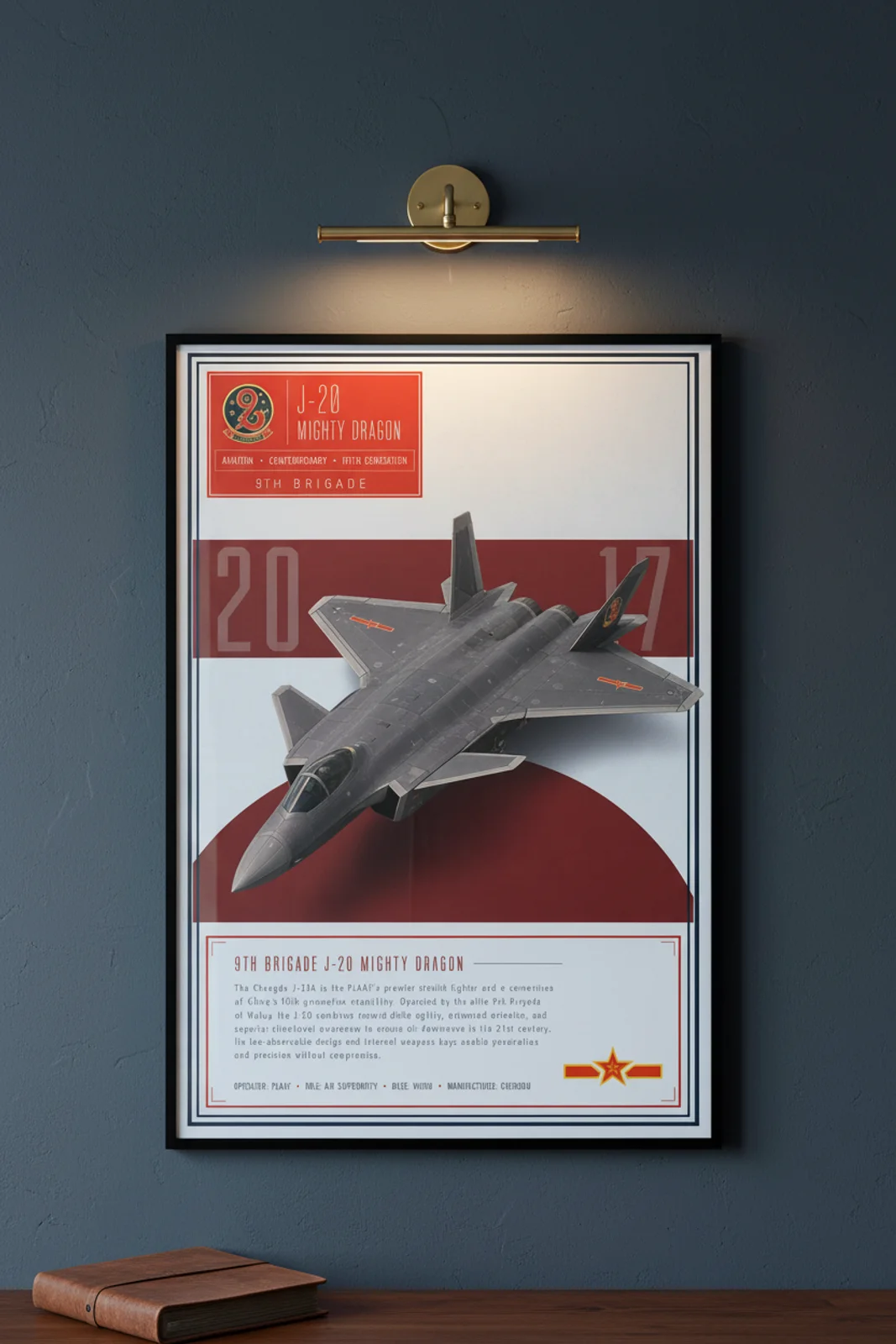 J-20 Mighty Dragon aviation poster in black A2 frame on pale-blue-ground navy hangar wall — Aviation Heroes mockup