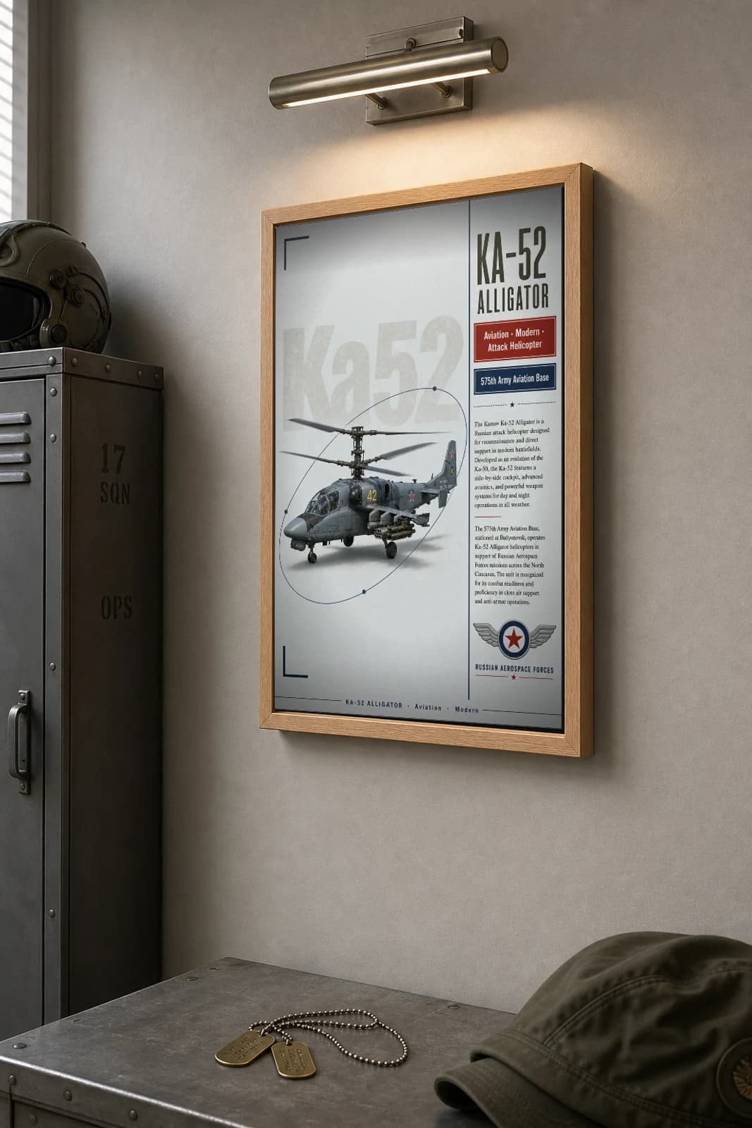Ka-52 Alligator Poster — 575th Army Aviation Base military aviation wall art · framed A2 · 2011 — the framed print shown at a three-quarter angle on a styled gallery wall in a natural-oak frame