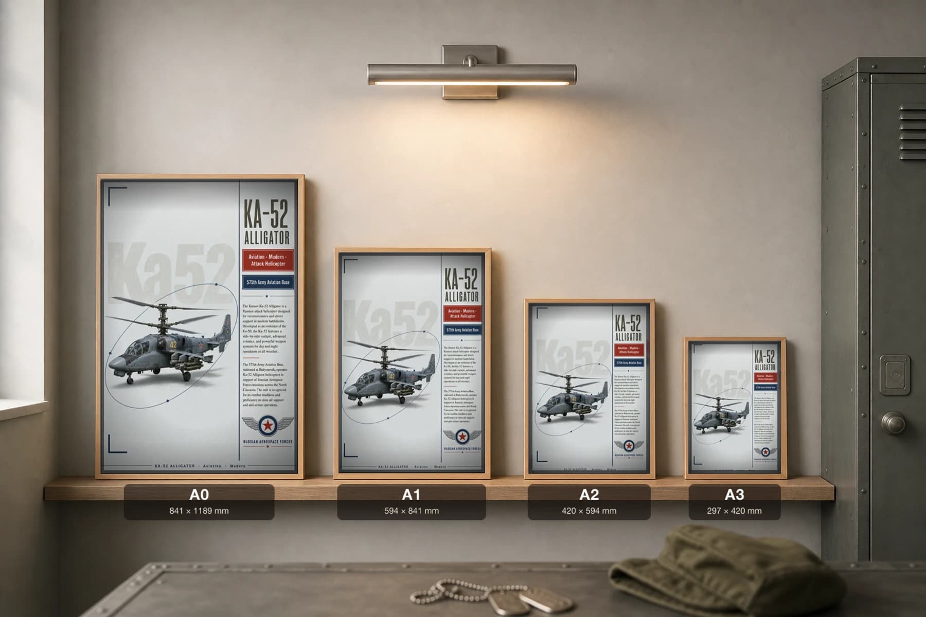 Ka-52 Alligator Poster — 575th Army Aviation Base military aviation wall art · framed A2 · 2011 — print size guide showing the artwork at A0, A1, A2 and A3 in natural-oak frames at true relative scale