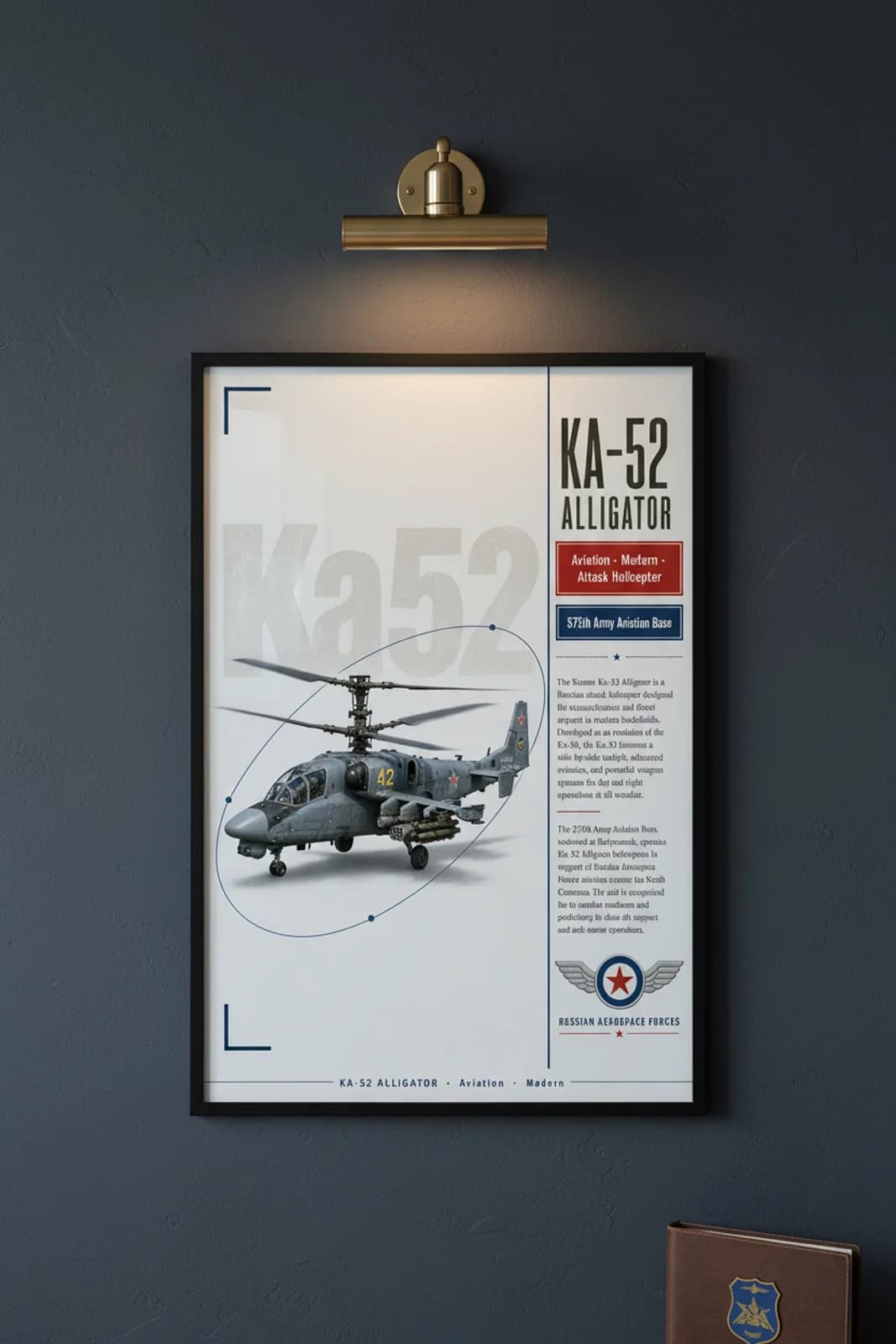 Ka-52 Alligator aviation poster in black A2 frame on grey-blue-camo navy hangar wall — Aviation Heroes mockup