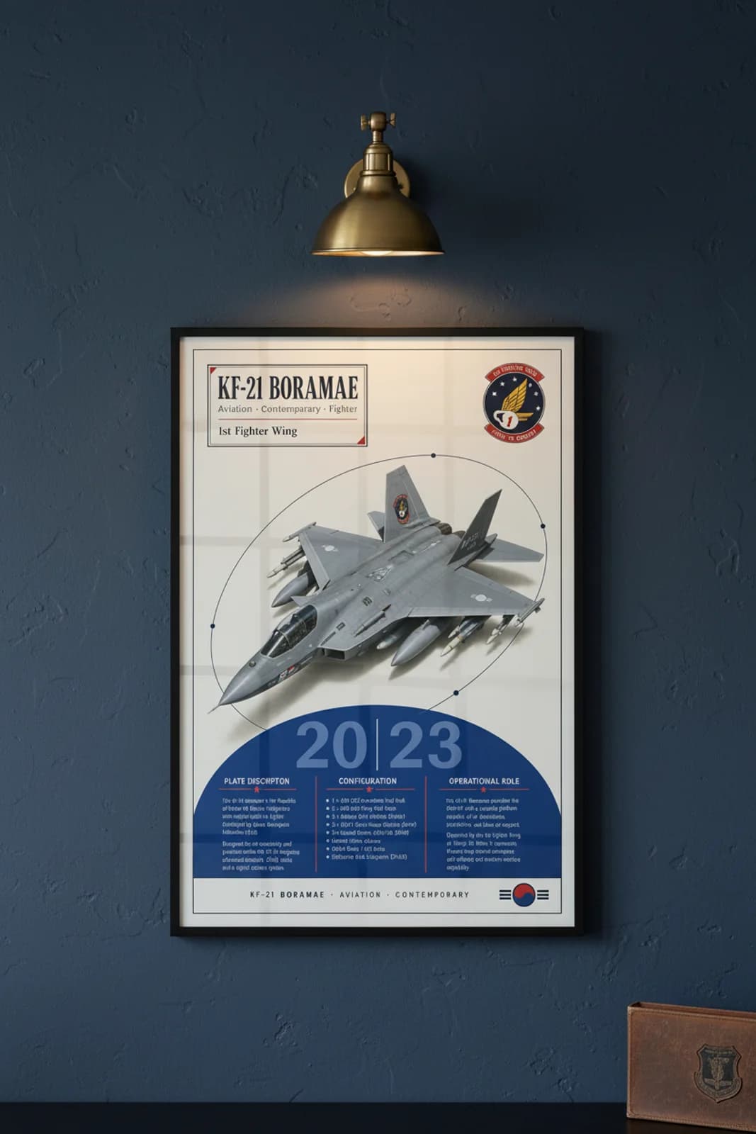 KF-21 Boramae aviation poster in black A2 frame on tactical-grey navy hangar wall — Aviation Heroes mockup